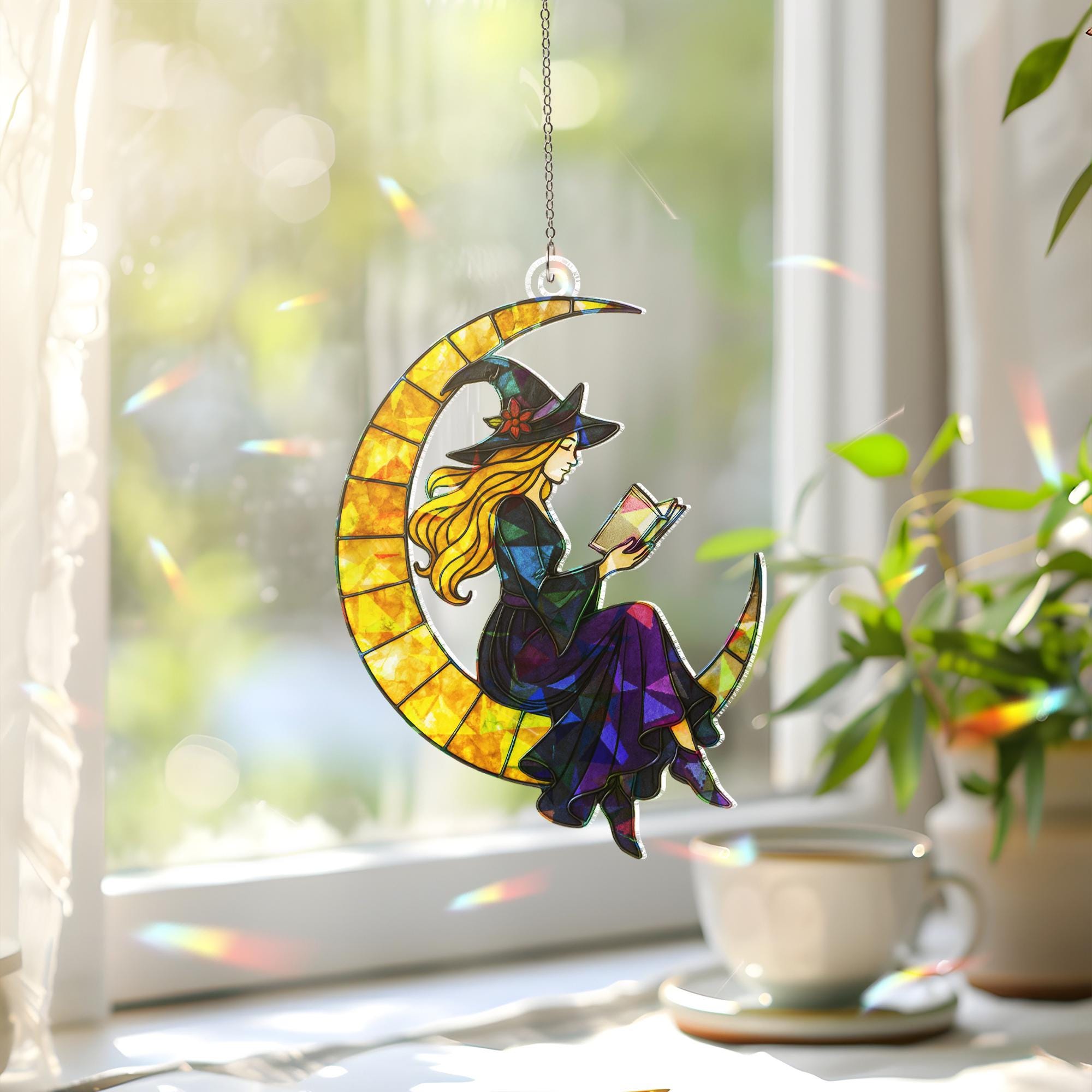 Witch on Crescent Moon Acrylic Hologram Window Hanging, Halloween Witch Decor, Mystic Stained Glass Style, Suncatcher Style