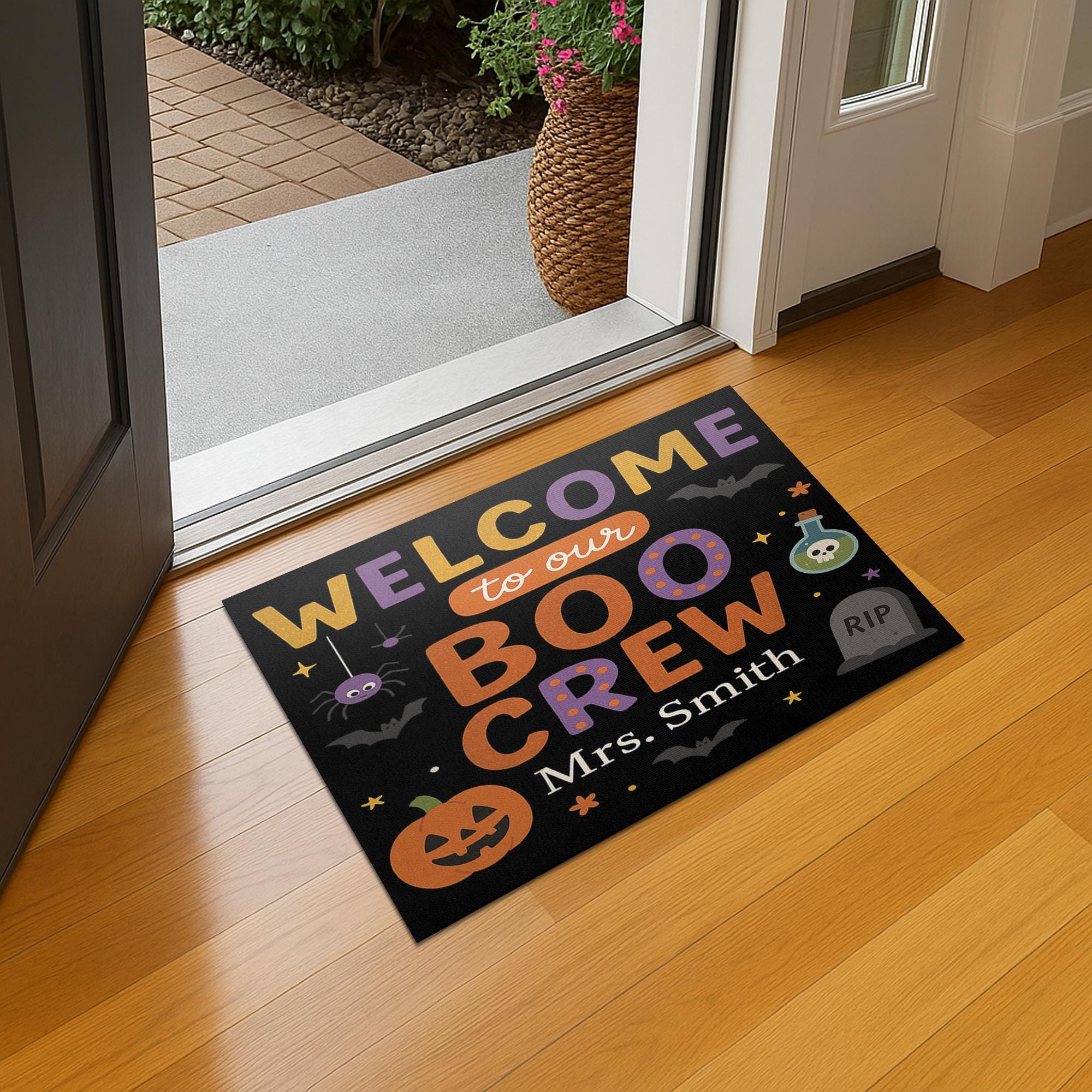 Halloween Welcome Doormat, Personalized Boo Crew Front Porch Mat, Custom Fall Outdoor Entry Rug, Spooky Pumpkin Door Decoration, Welcome Mat