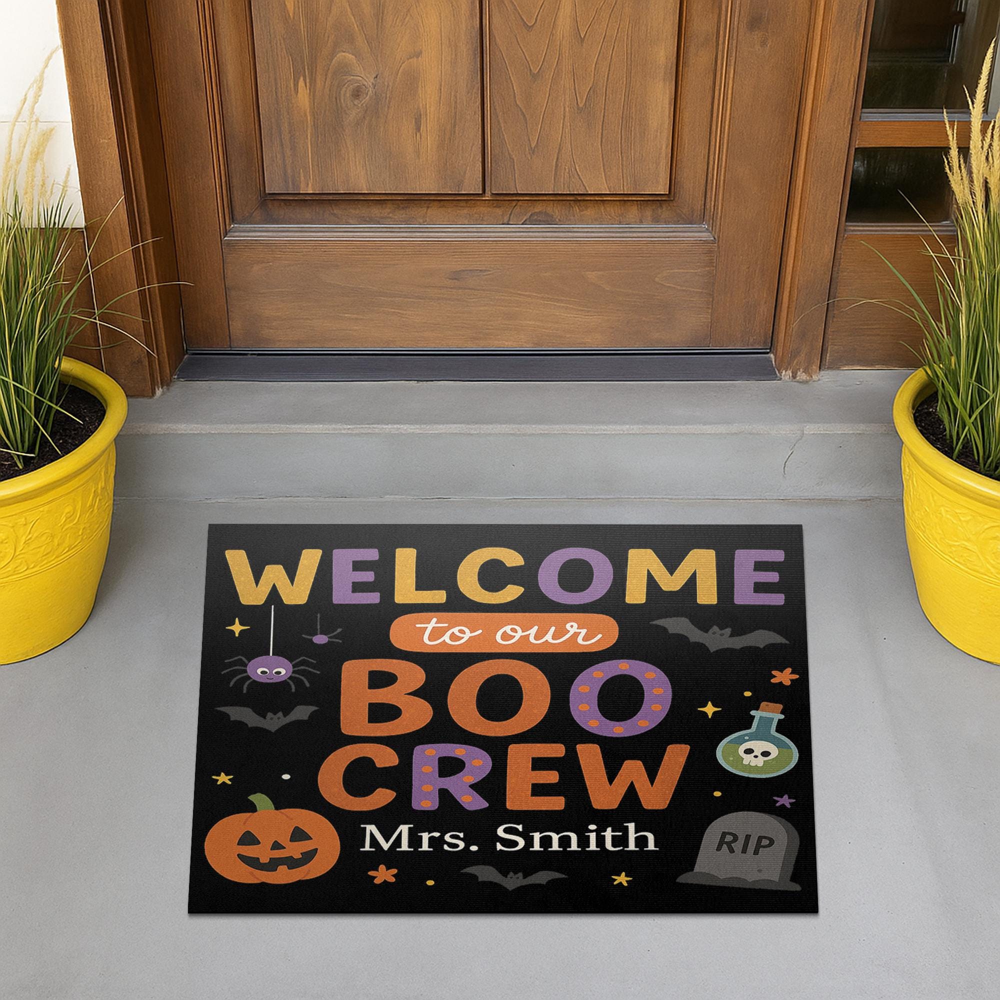 Halloween Welcome Doormat, Personalized Boo Crew Front Porch Mat, Custom Fall Outdoor Entry Rug, Spooky Pumpkin Door Decoration, Welcome Mat