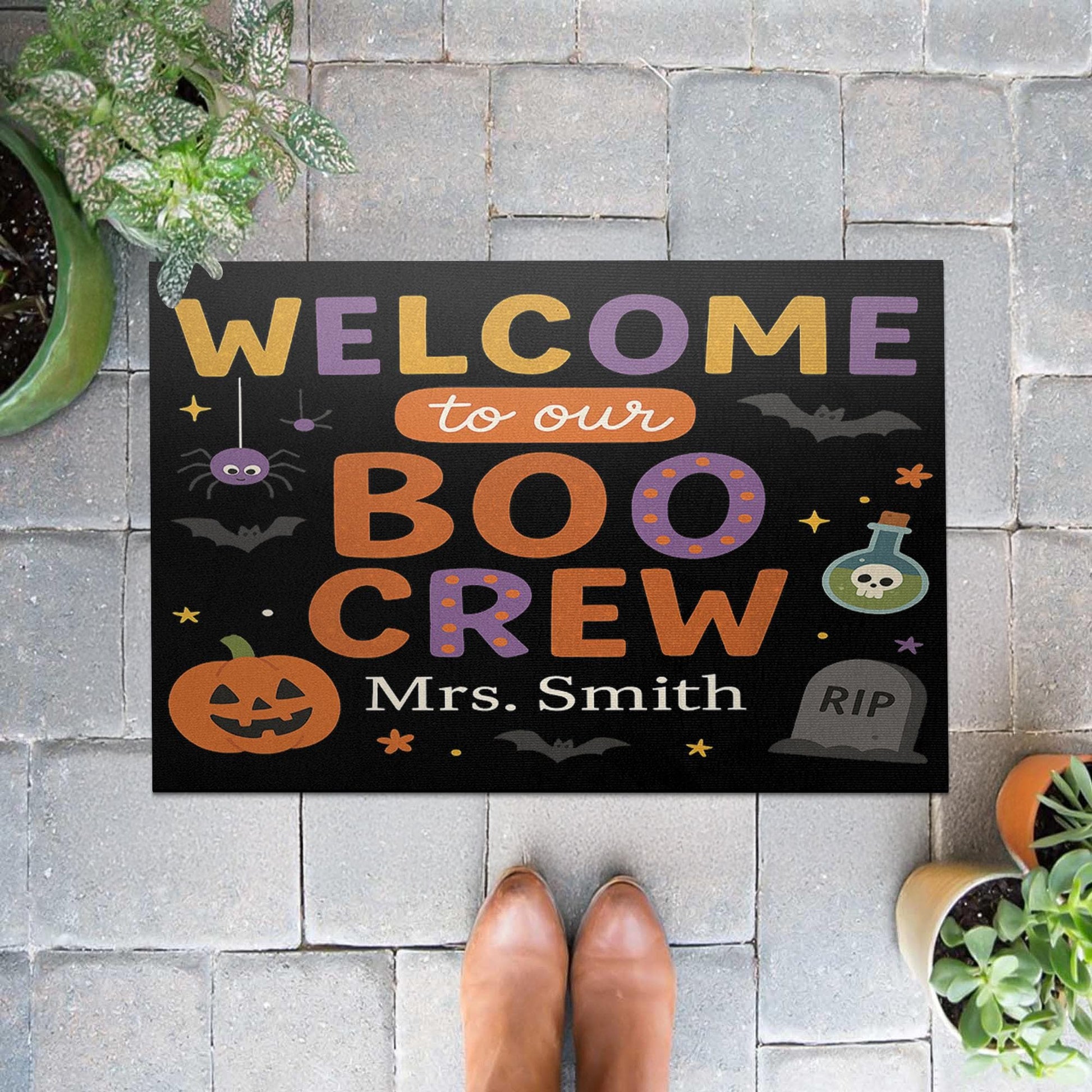 Halloween Welcome Doormat, Personalized Boo Crew Front Porch Mat, Custom Fall Outdoor Entry Rug, Spooky Pumpkin Door Decoration, Welcome Mat