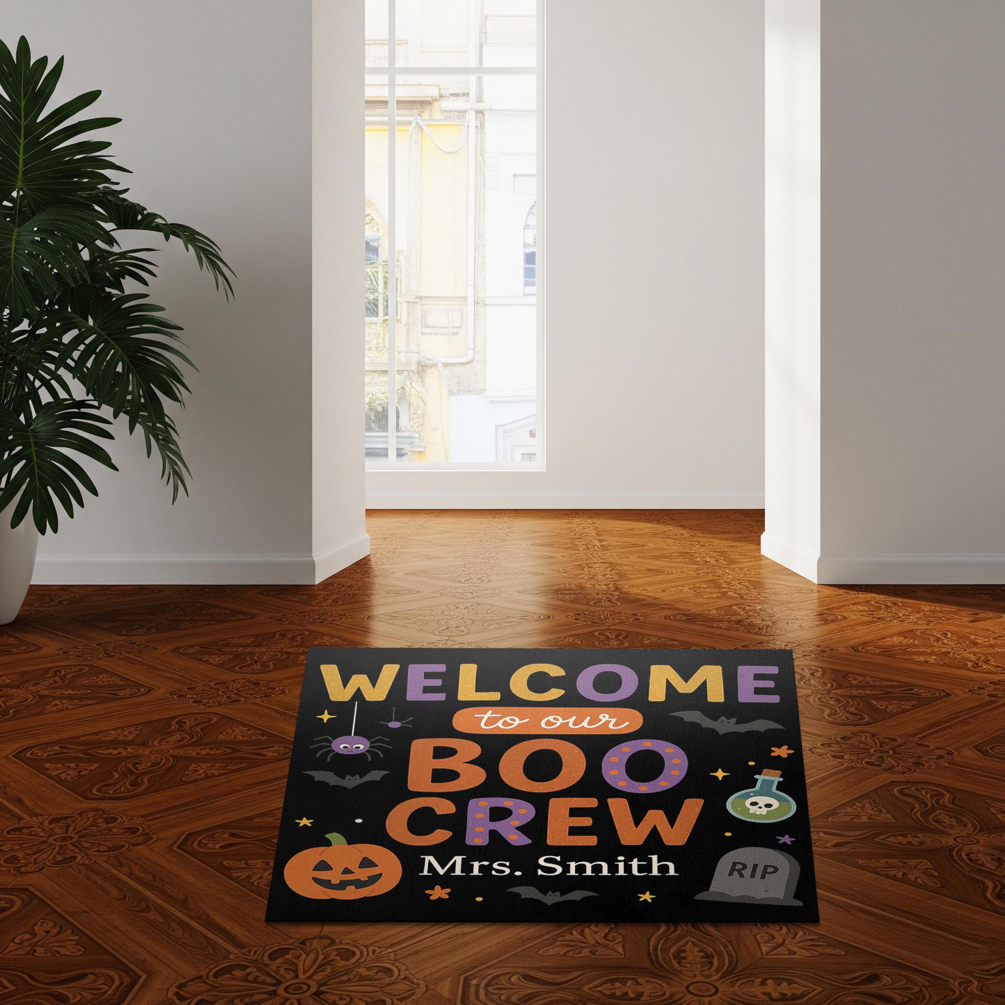 Halloween Welcome Doormat, Personalized Boo Crew Front Porch Mat, Custom Fall Outdoor Entry Rug, Spooky Pumpkin Door Decoration, Welcome Mat