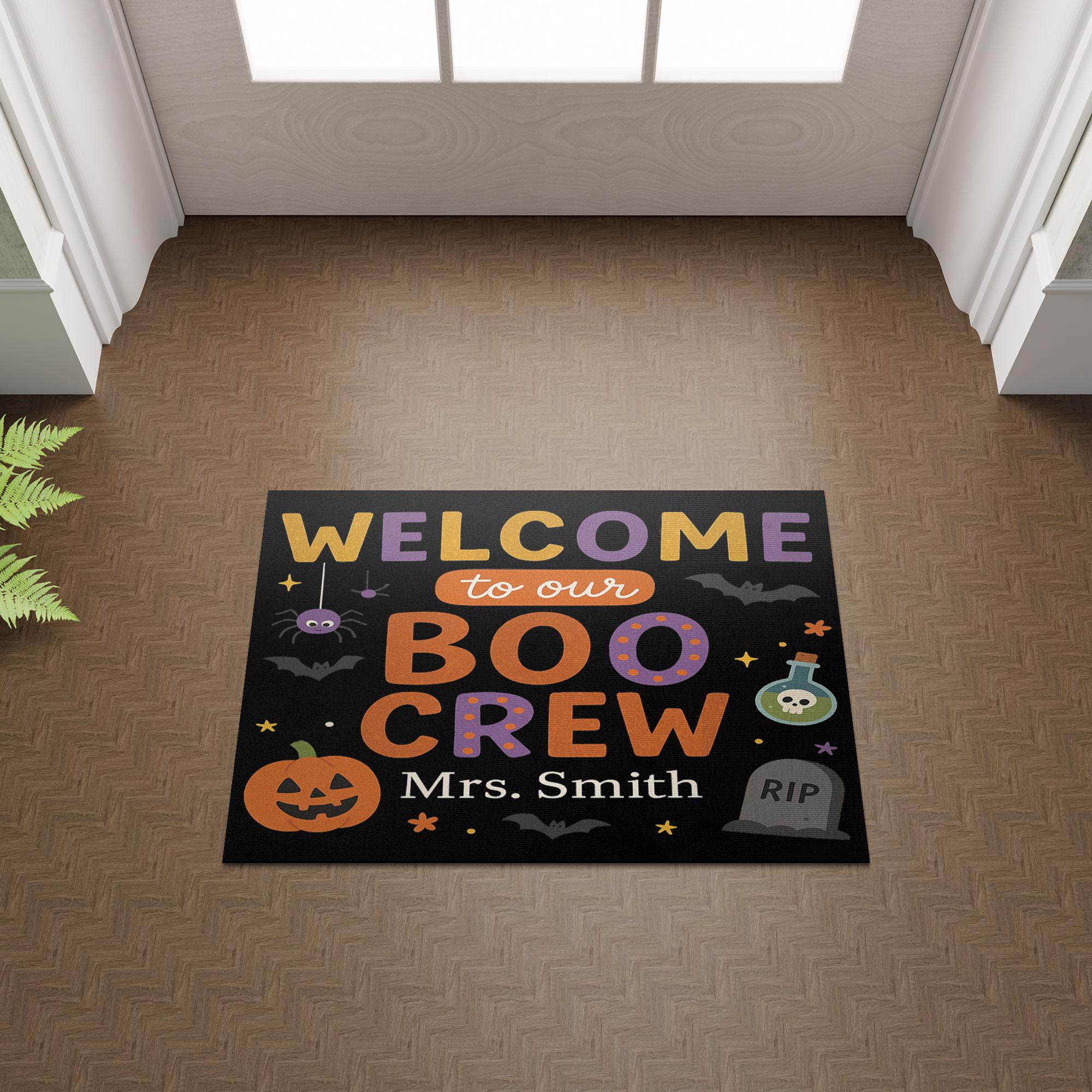 Halloween Welcome Doormat, Personalized Boo Crew Front Porch Mat, Custom Fall Outdoor Entry Rug, Spooky Pumpkin Door Decoration, Welcome Mat