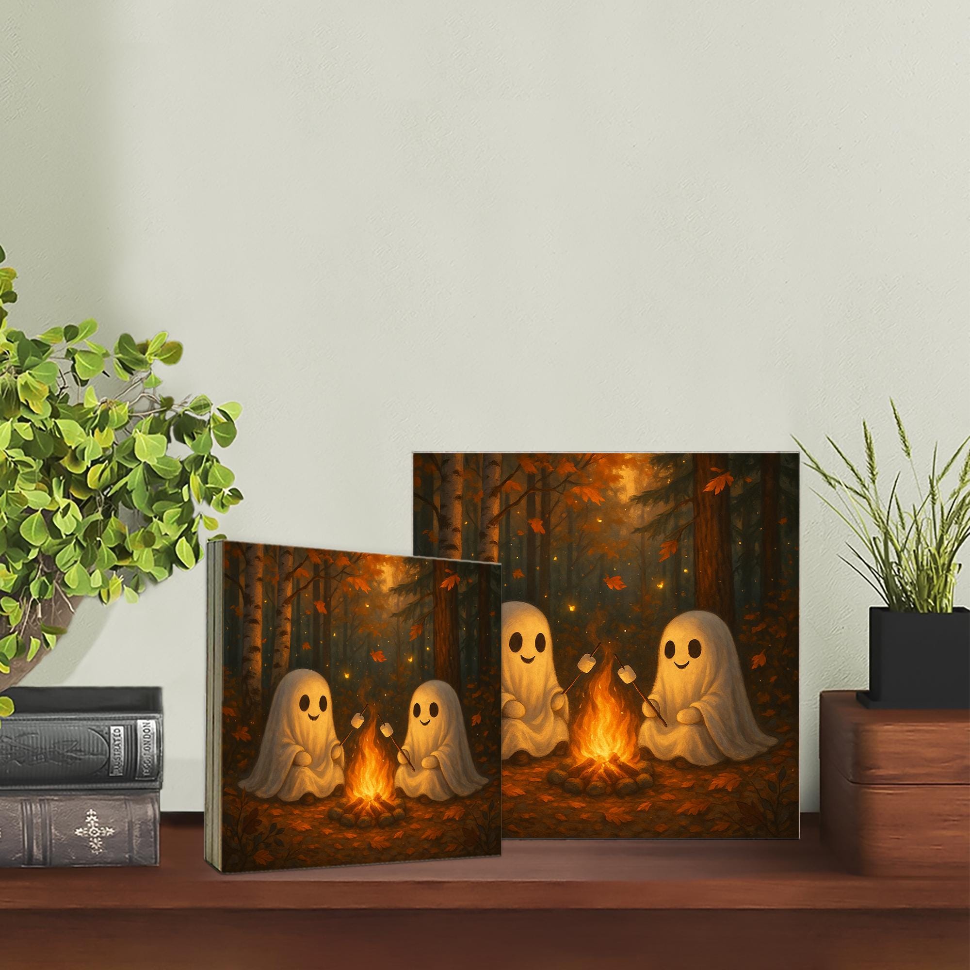 Ghost Campfire Wood Block Sign – Cute Halloween Ghosts Roasting – Spooky Autumn Shelf Decor for Fall & Cottagecore Vibes
