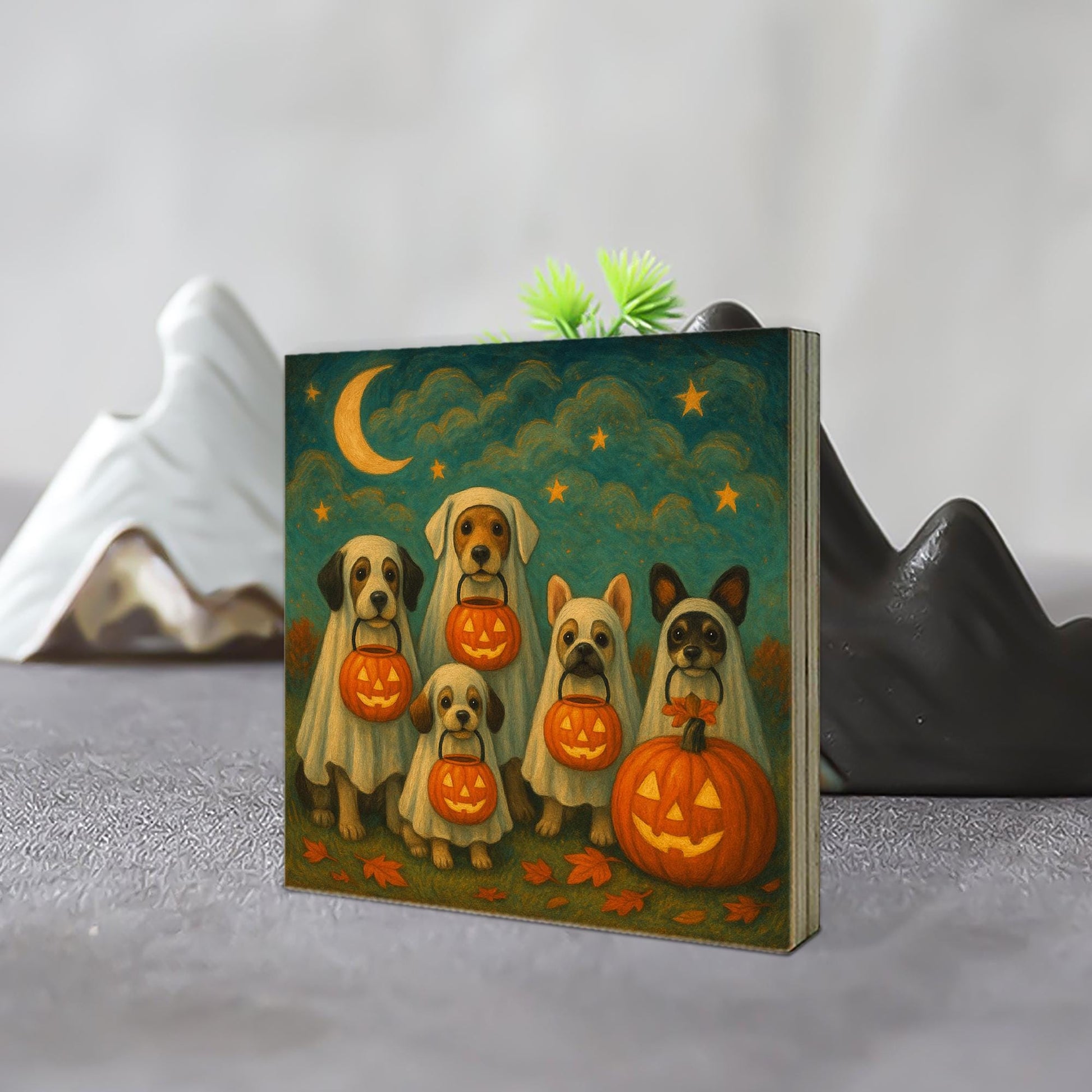 Halloween Dog Ghost Wood Block – Cute Trick-or-Treat Puppy Sign with Pumpkins – Fall Shelf for Pet Lovers & Spooky Decor