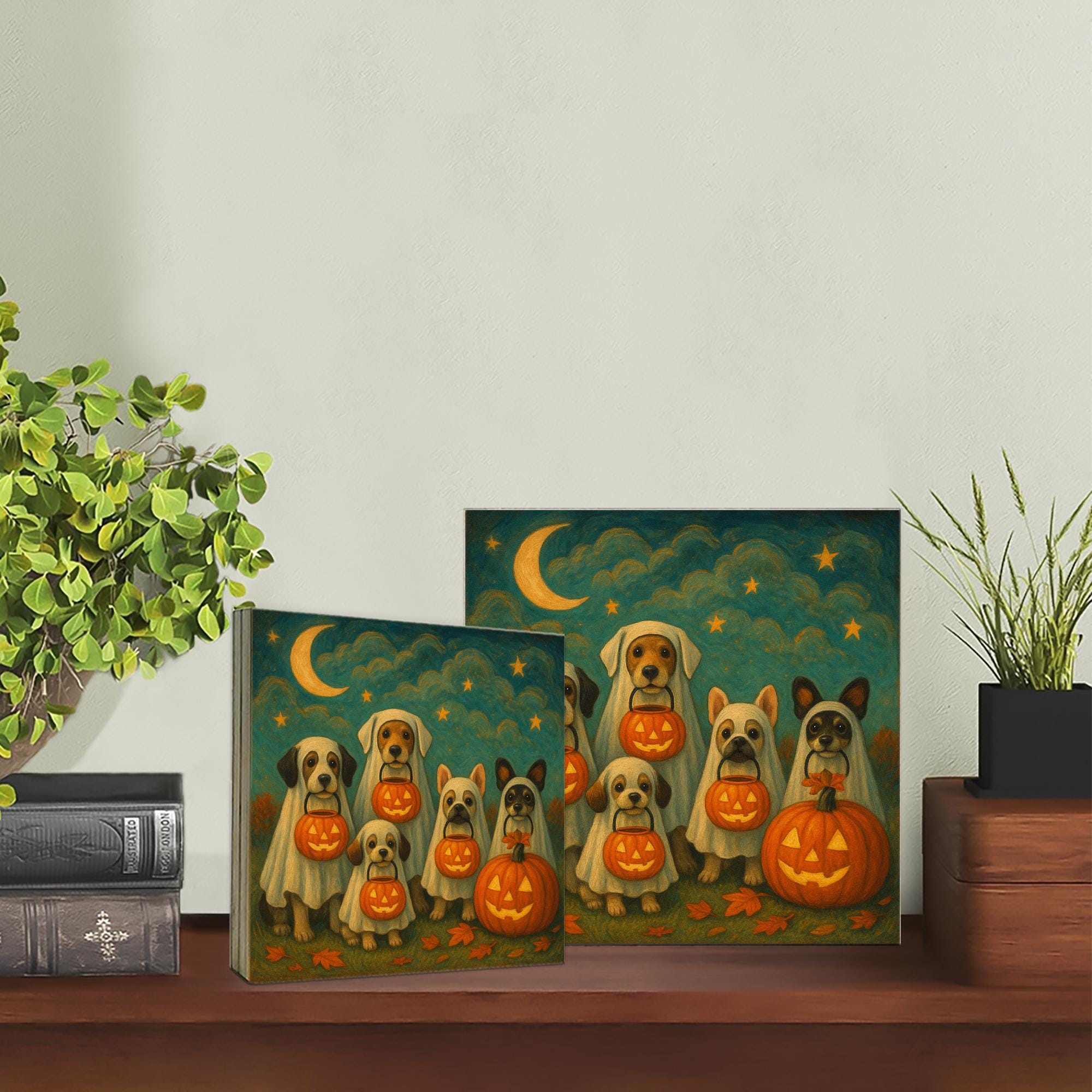 Halloween Dog Ghost Wood Block – Cute Trick-or-Treat Puppy Sign with Pumpkins – Fall Shelf for Pet Lovers & Spooky Decor