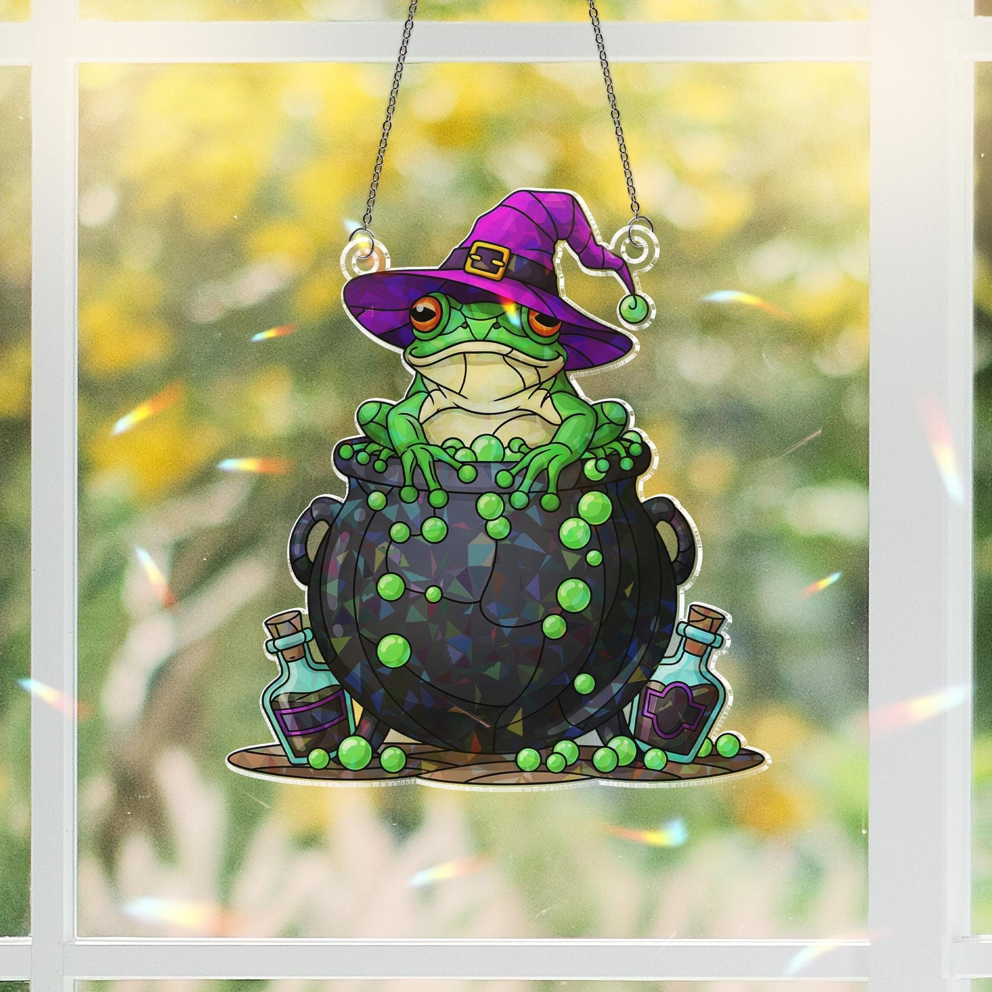 Witchy Frog Suncatcher – Holographic Acrylic Cauldron Window Decor – Cute Halloween Frog Sun Catcher for Spooky Cottagecore Vibes