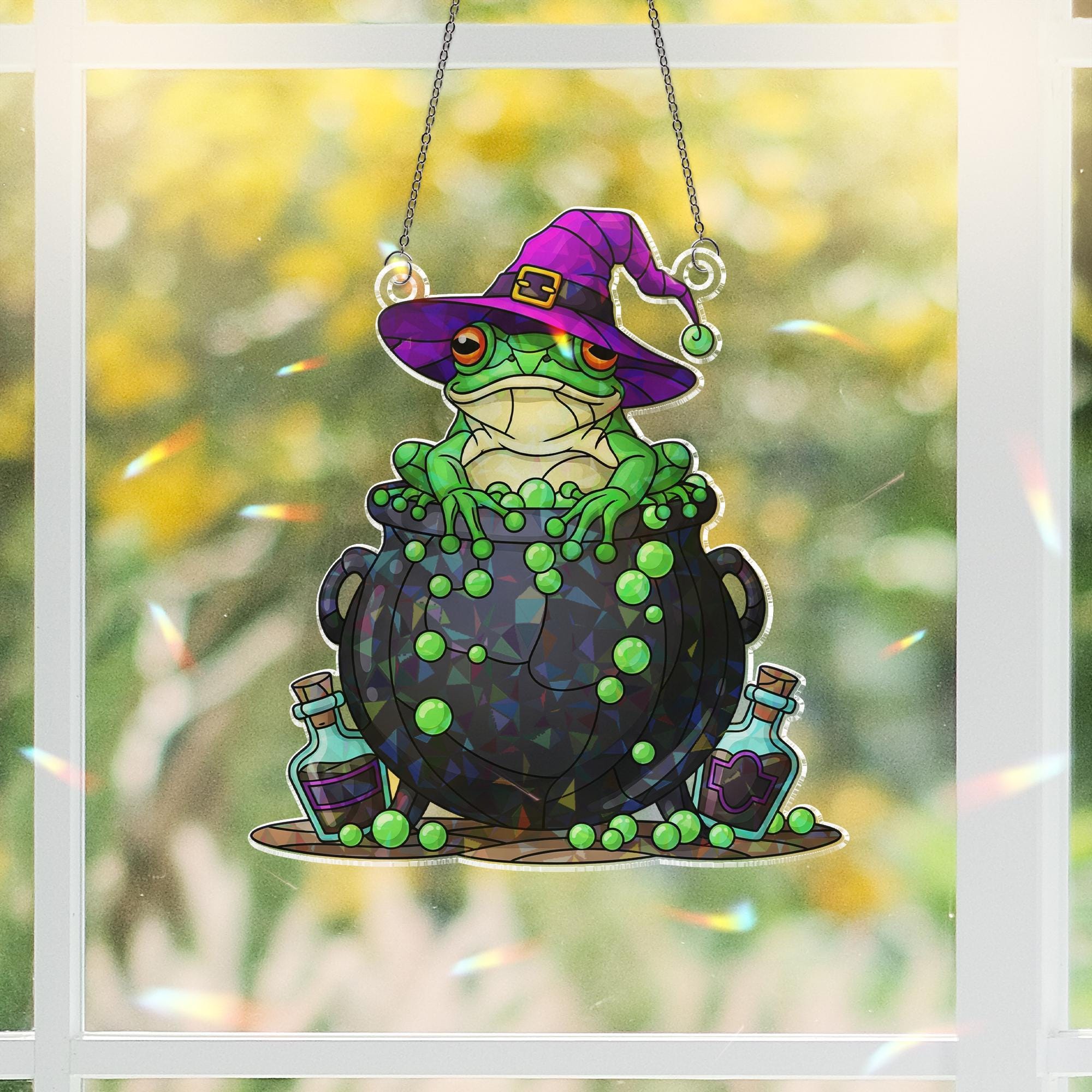 Witchy Frog Suncatcher – Holographic Acrylic Cauldron Window Decor – Cute Halloween Frog Sun Catcher for Spooky Cottagecore Vibes