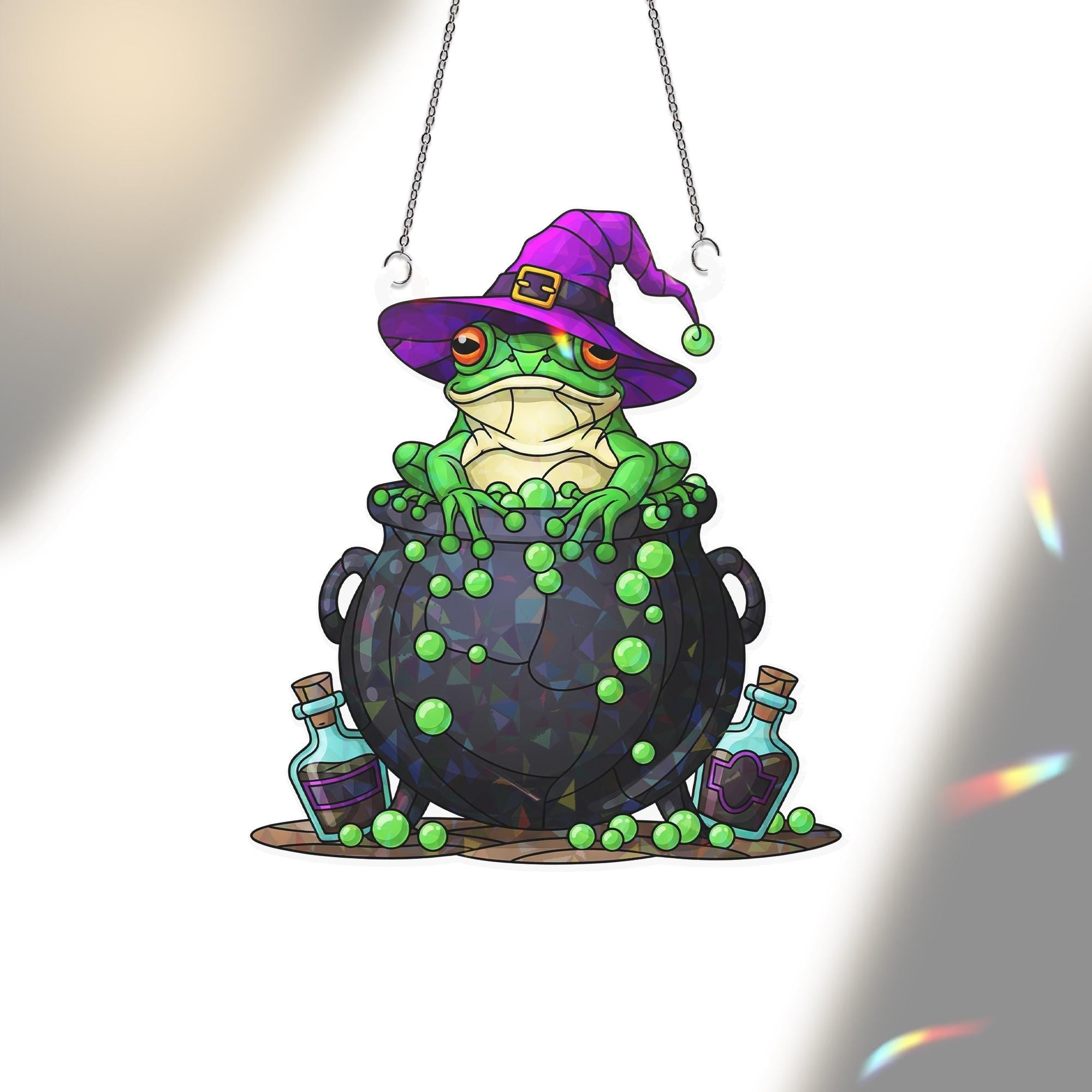 Witchy Frog Suncatcher – Holographic Acrylic Cauldron Window Decor – Cute Halloween Frog Sun Catcher for Spooky Cottagecore Vibes