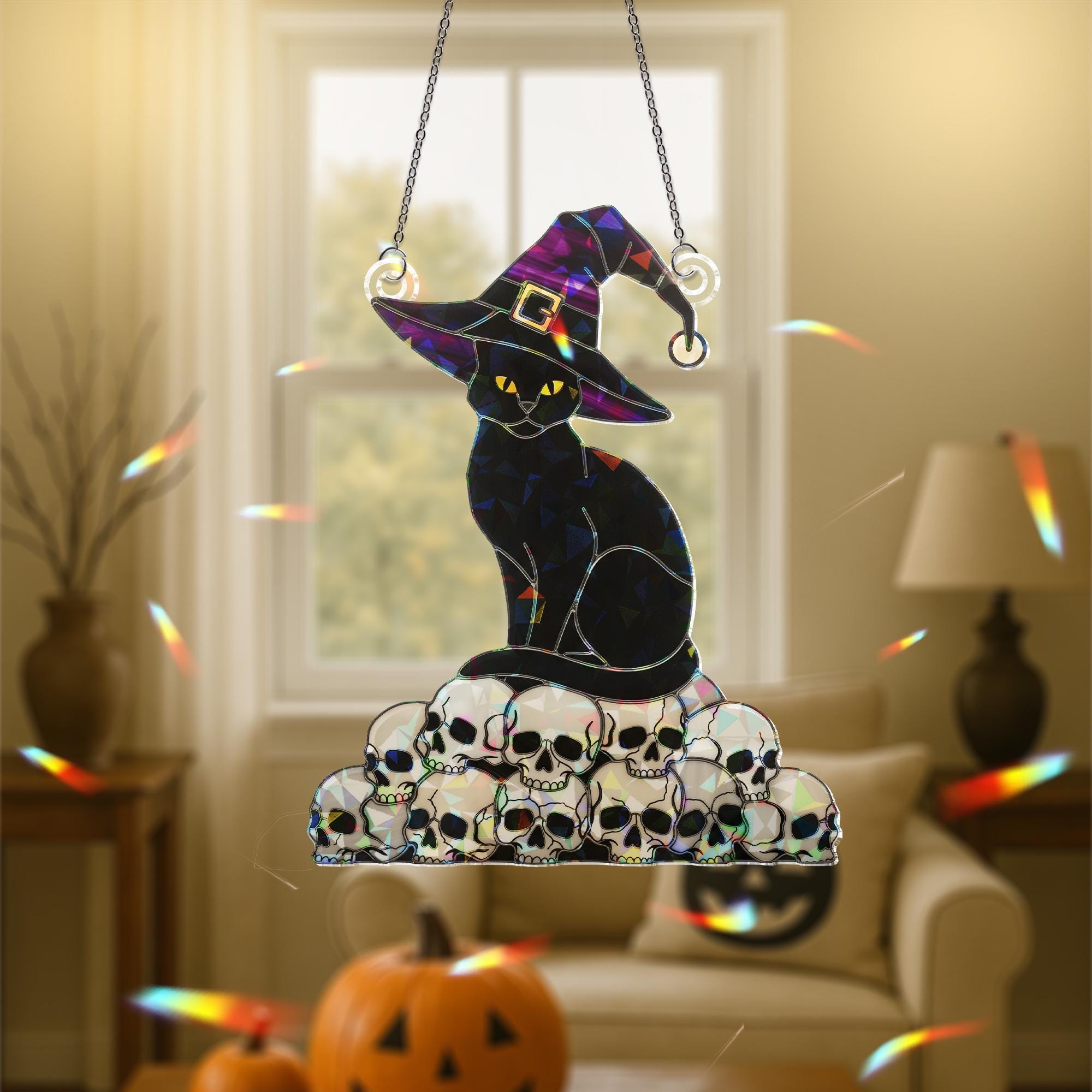 Witch Cat FAUX Stained Glass Suncatcher – Holographic Acrylic Halloween Window Decor – Black Cat on Skulls Gothic Sun Catcher