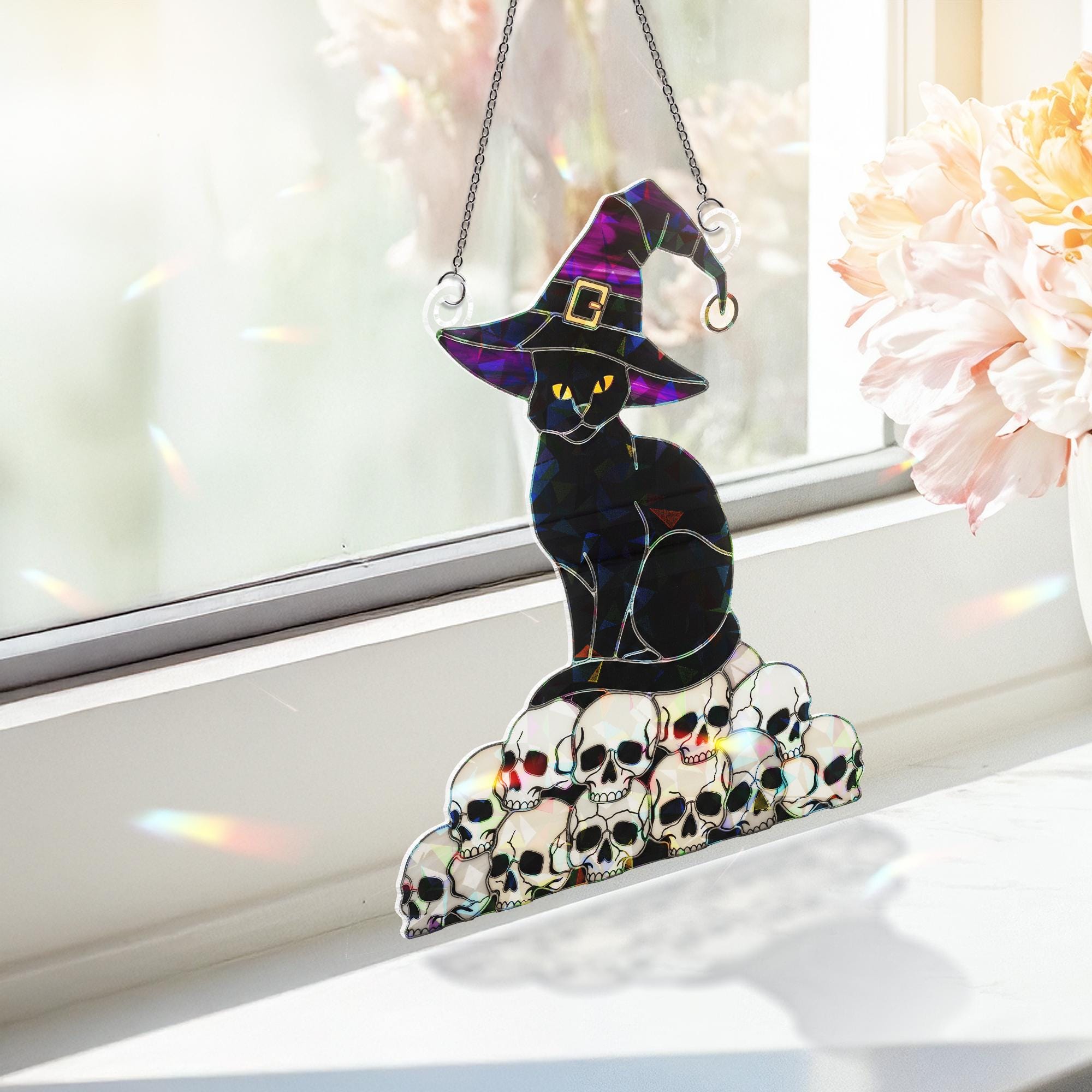 Witch Cat FAUX Stained Glass Suncatcher – Holographic Acrylic Halloween Window Decor – Black Cat on Skulls Gothic Sun Catcher