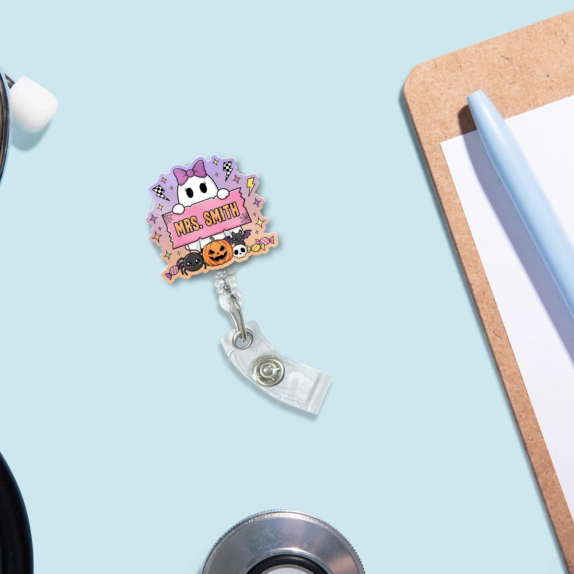 Cute Halloween Ghost Name Badge Reel, Pumpkin Spider Teacher Nurse Badge Accessory, Teacher Personalized Badge Clip