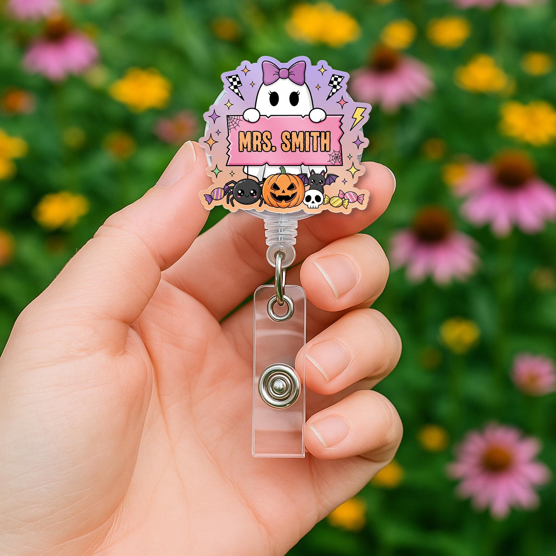 Cute Halloween Ghost Name Badge Reel, Pumpkin Spider Teacher Nurse Badge Accessory, Teacher Personalized Badge Clip