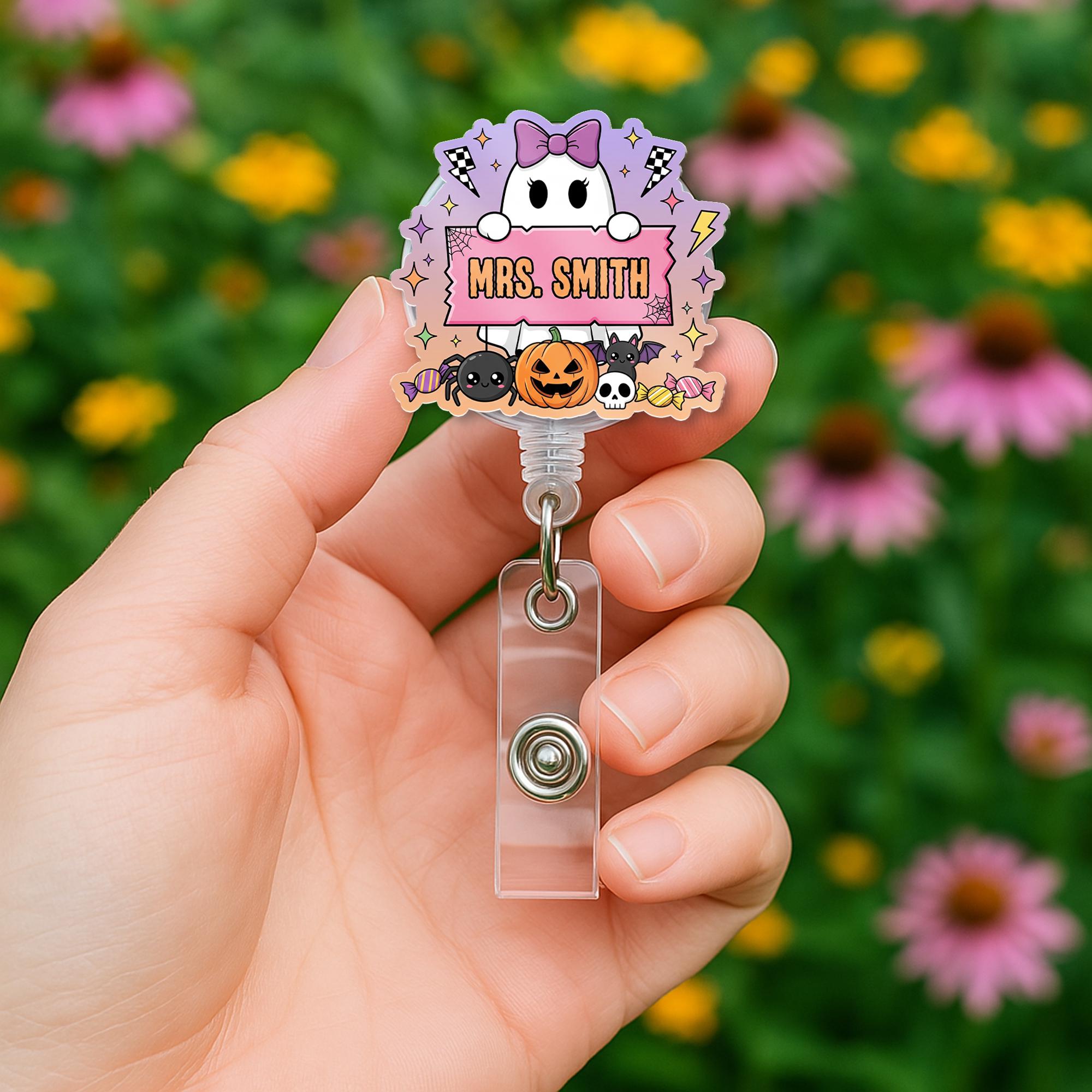 Cute Halloween Ghost Name Badge Reel, Pumpkin Spider Teacher Nurse Badge Accessory, Teacher Personalized Badge Clip