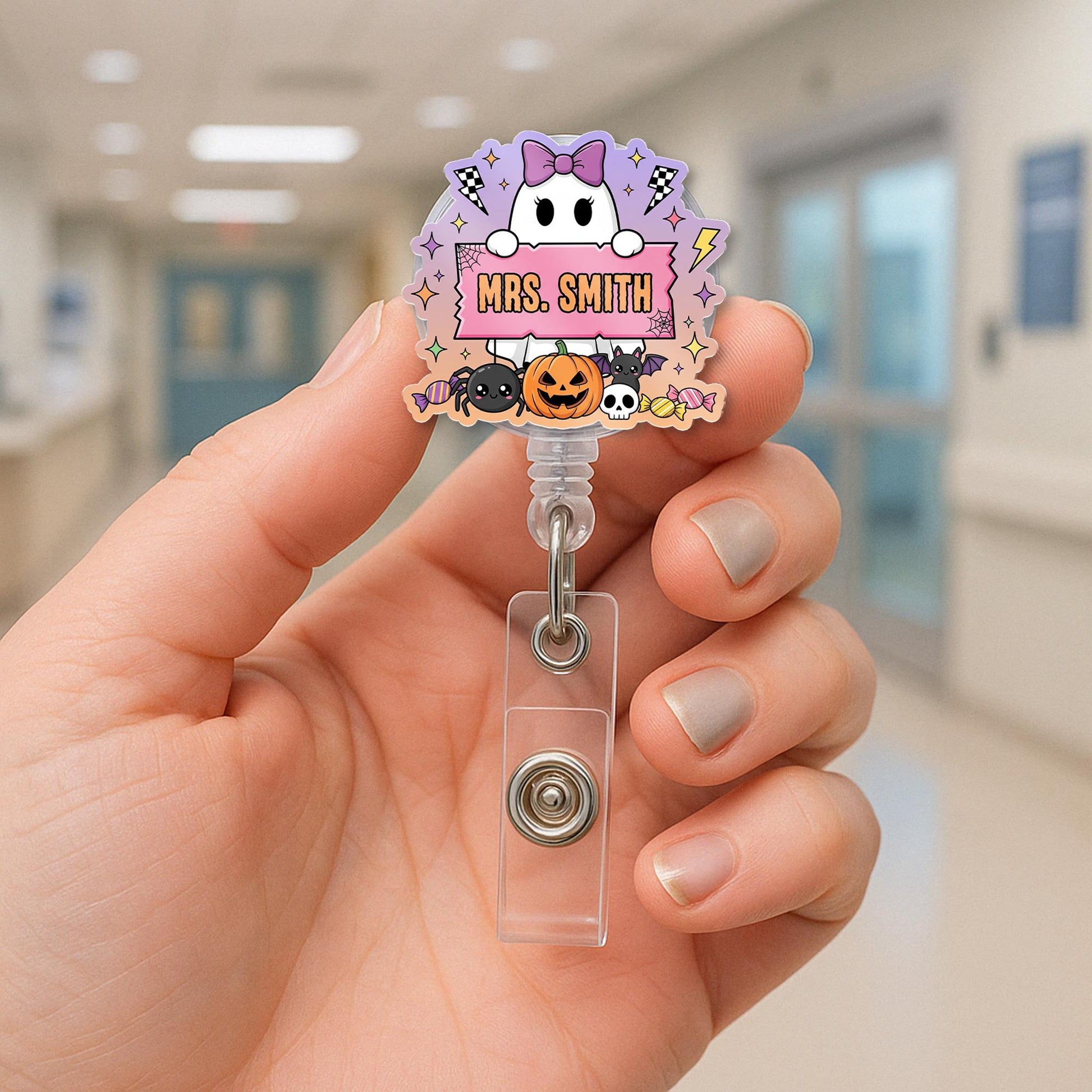 Cute Halloween Ghost Name Badge Reel, Pumpkin Spider Teacher Nurse Badge Accessory, Teacher Personalized Badge Clip