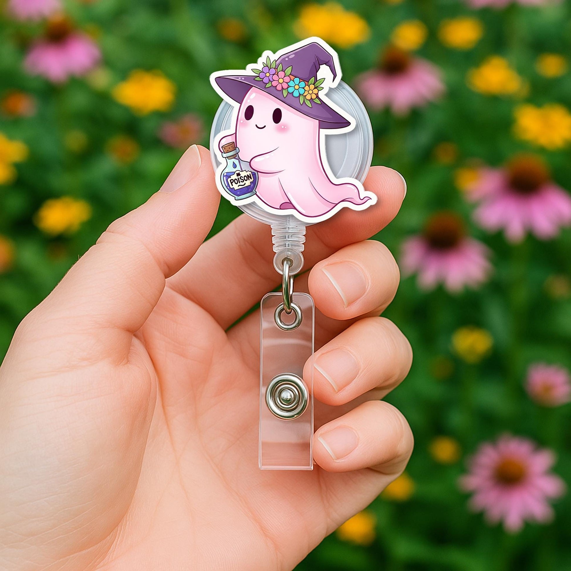 Cute Ghost Badge Reel – Halloween Witch Ghost ID Holder – Pink Ghost with Poison Bottle – Spooky Cute Nurse Gift