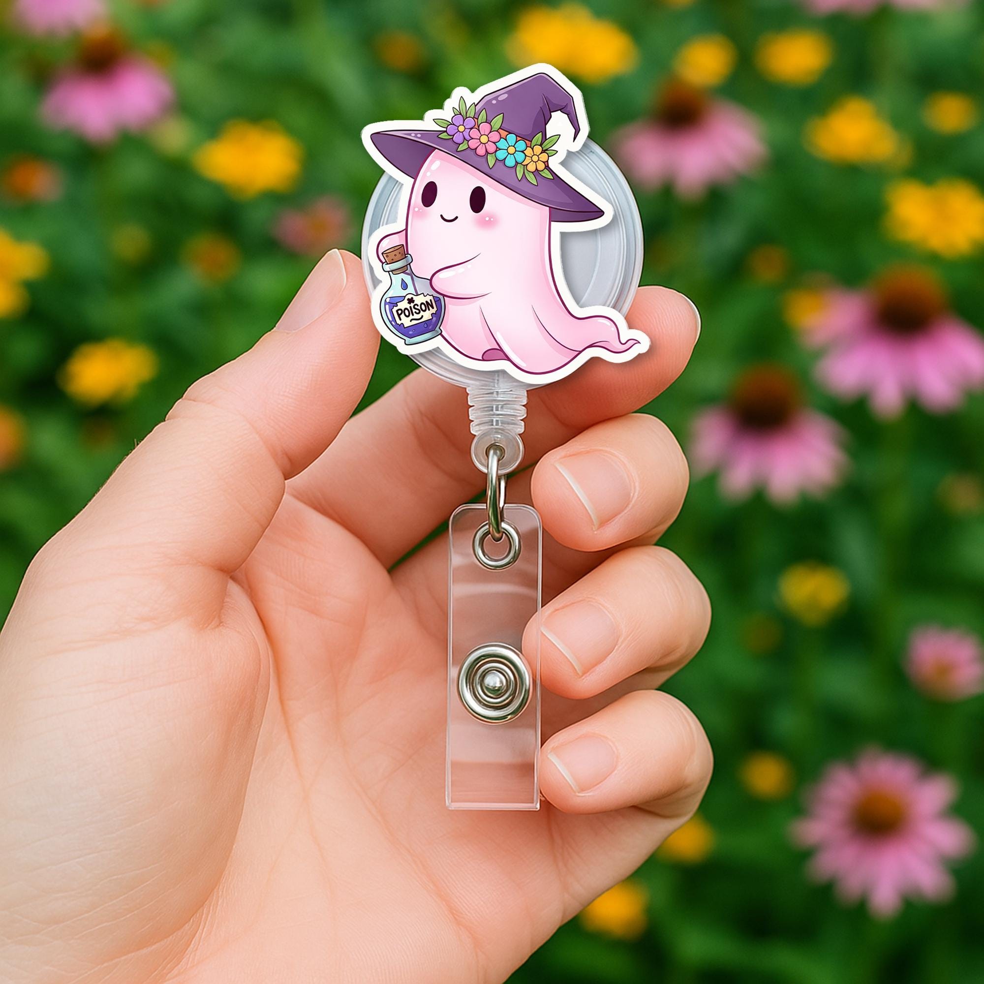 Cute Ghost Badge Reel – Halloween Witch Ghost ID Holder – Pink Ghost with Poison Bottle – Spooky Cute Nurse Gift