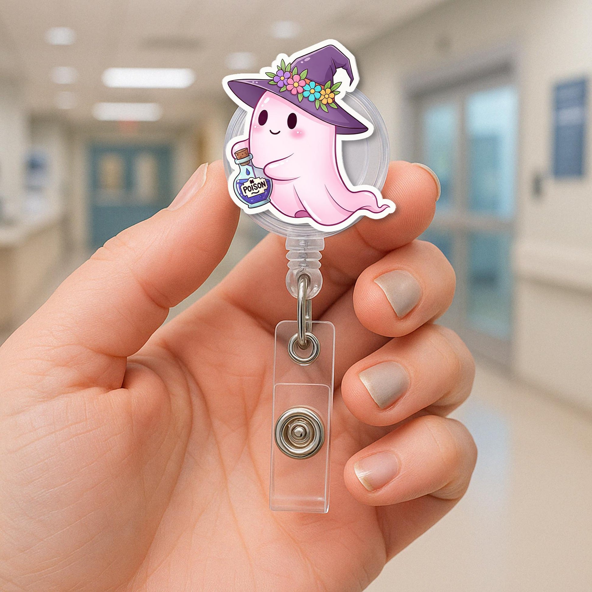 Cute Ghost Badge Reel – Halloween Witch Ghost ID Holder – Pink Ghost with Poison Bottle – Spooky Cute Nurse Gift