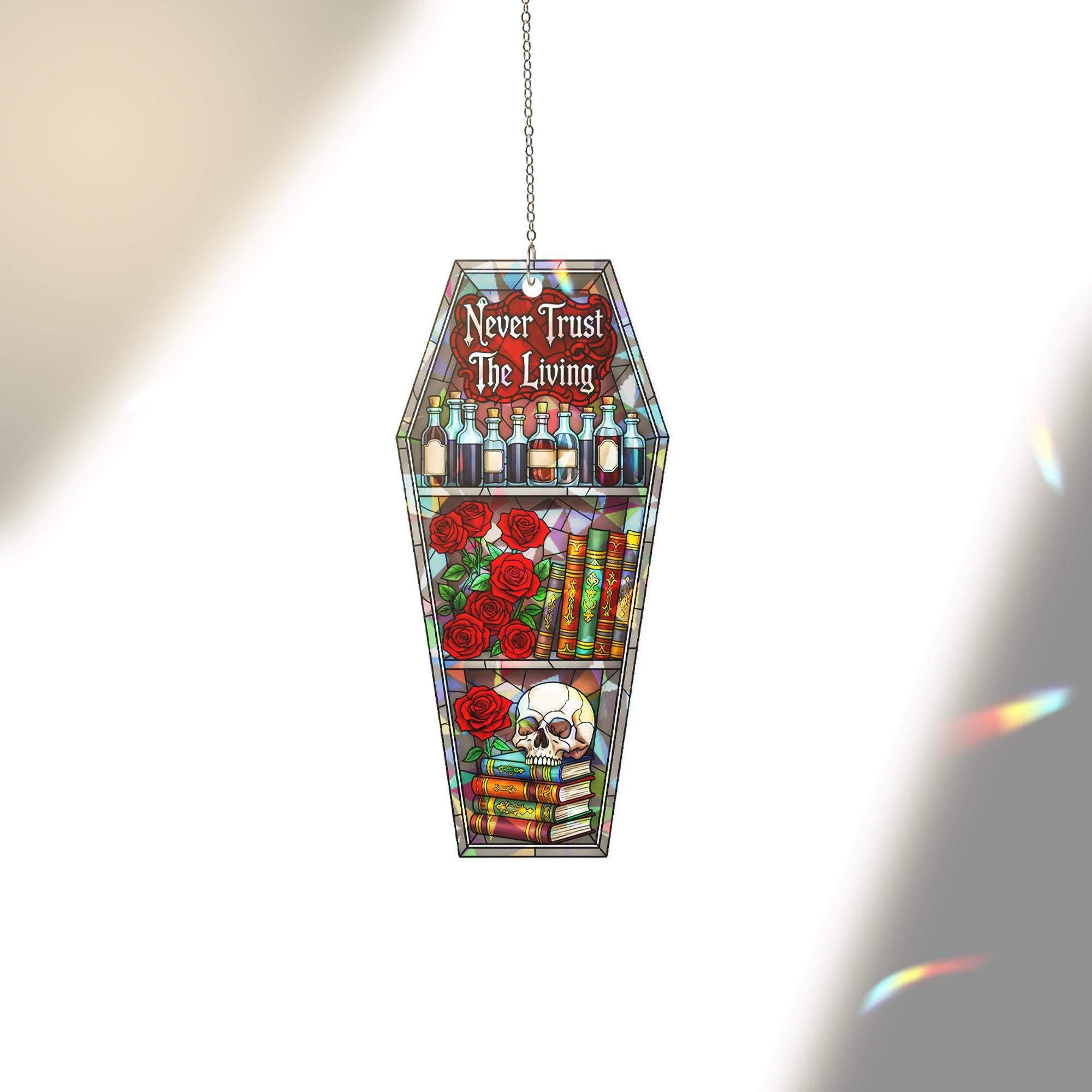 Gothic Coffin Suncatcher – Never Trust The Living – Halloween Skull Rose Stained Glass Window Decor