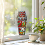 Gothic Coffin Suncatcher – Never Trust The Living – Halloween Skull Rose Stained Glass Window Decor