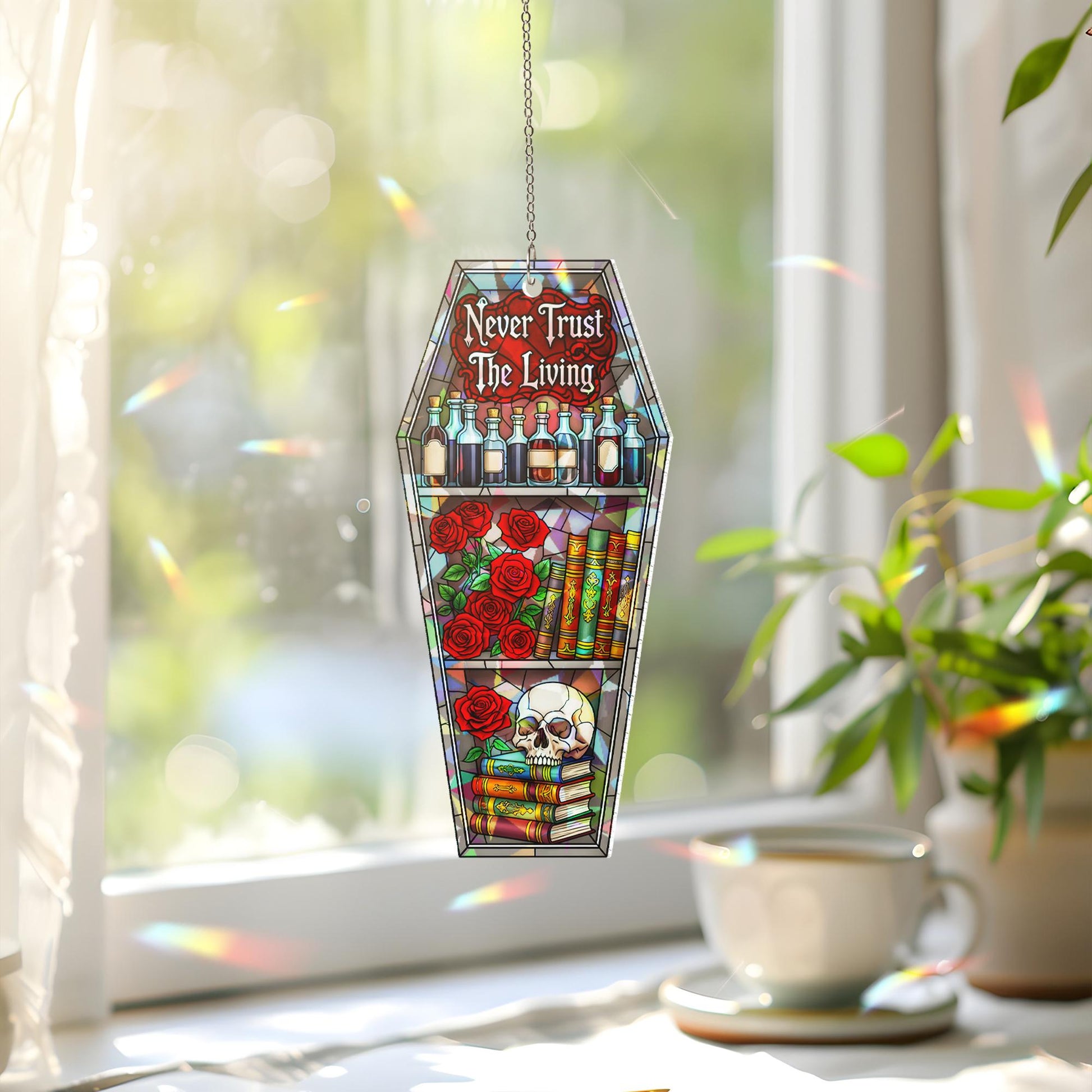 Gothic Coffin Suncatcher – Never Trust The Living – Halloween Skull Rose Stained Glass Window Decor