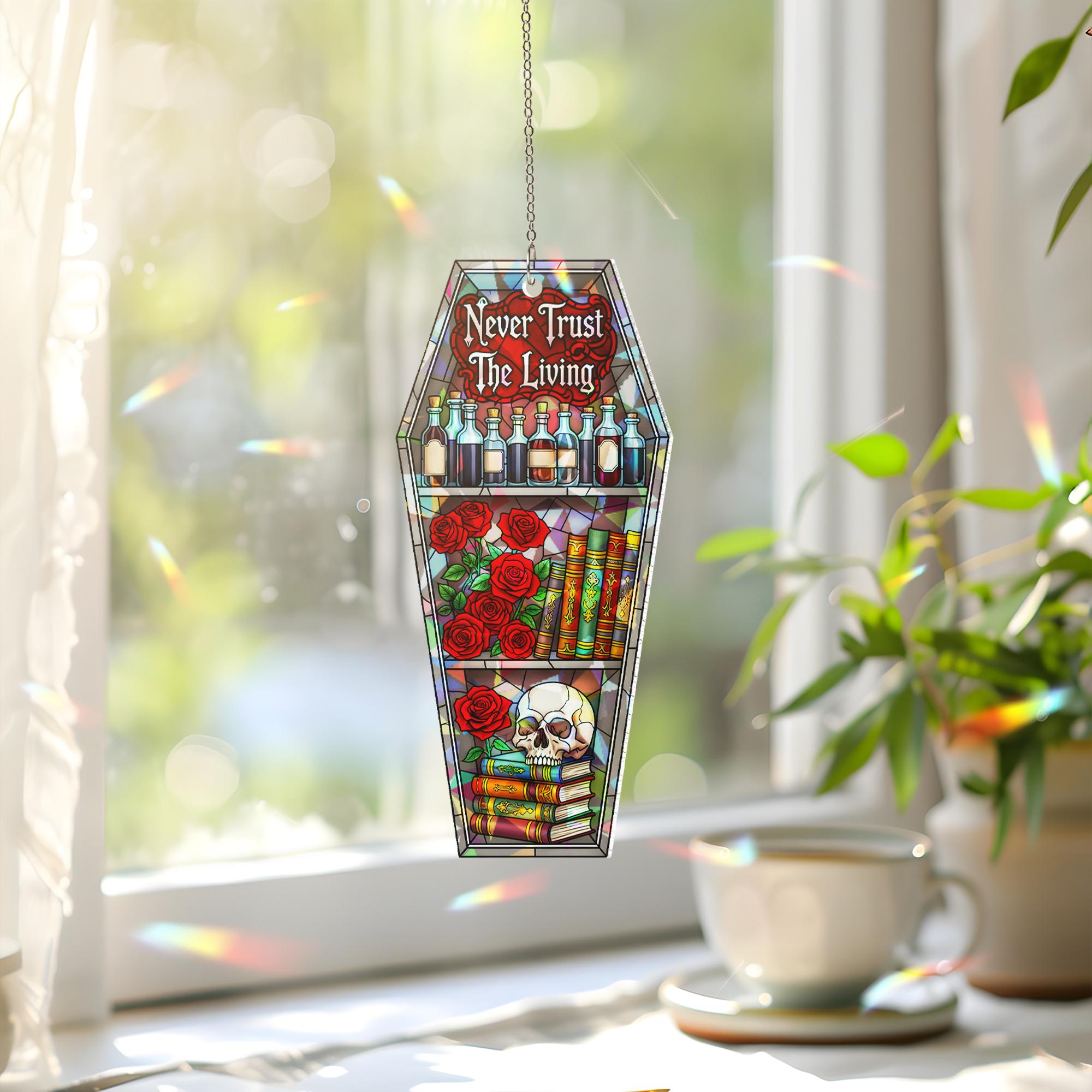 Gothic Coffin Suncatcher – Never Trust The Living – Halloween Skull Rose Stained Glass Window Decor