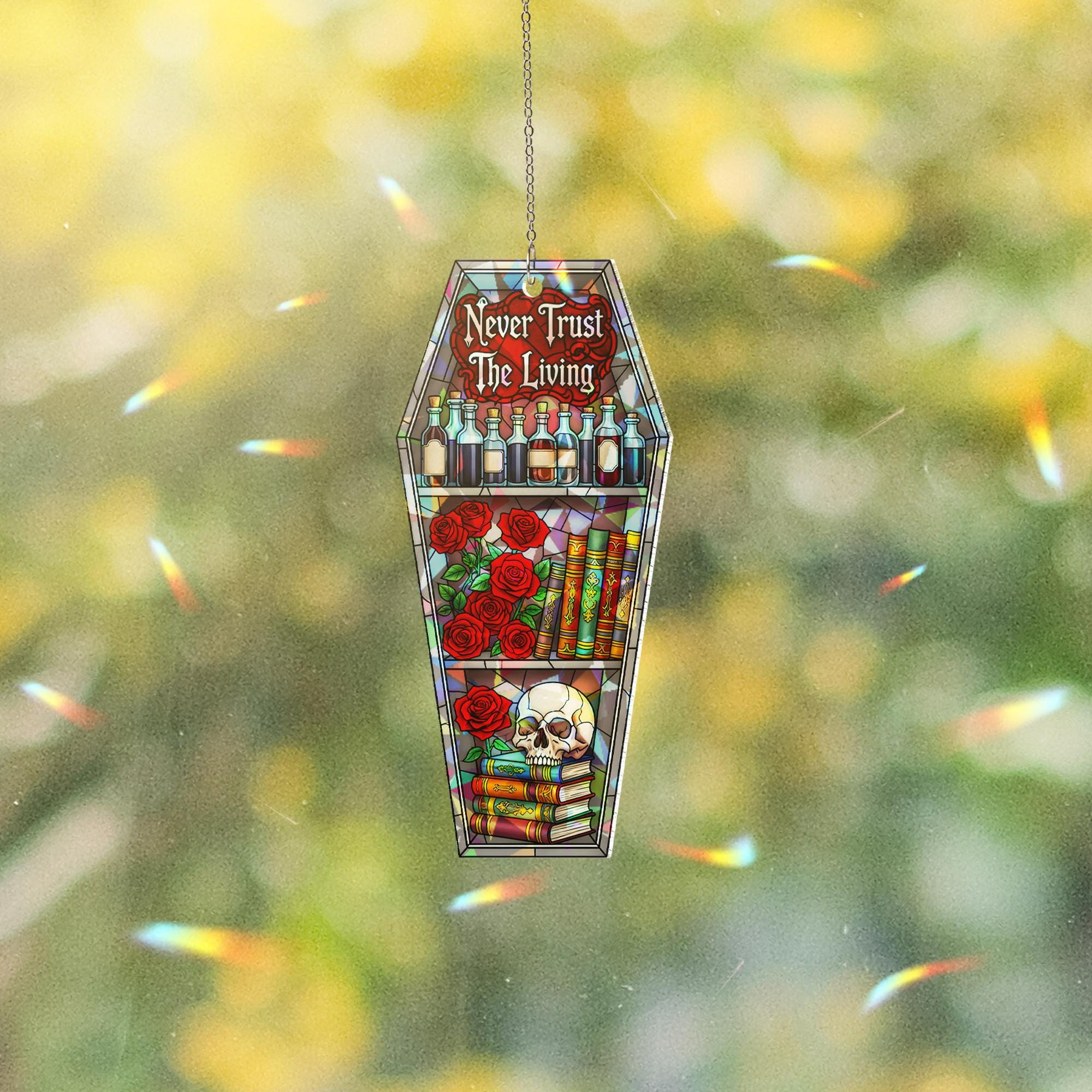 Gothic Coffin Suncatcher – Never Trust The Living – Halloween Skull Rose Stained Glass Window Decor