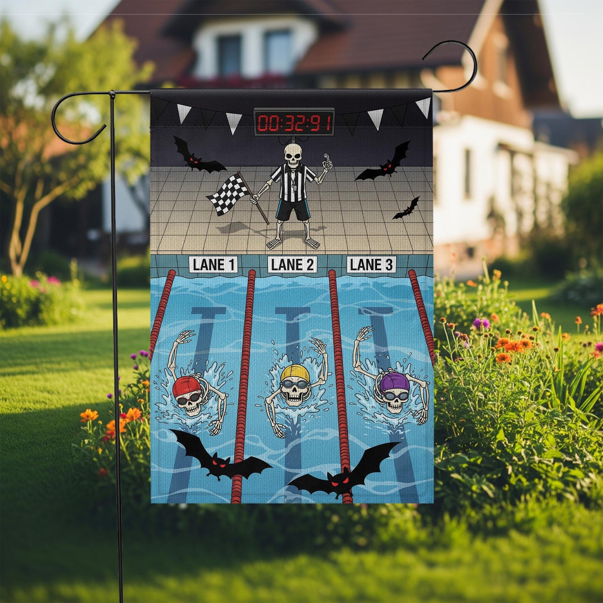 Skeleton Swim Halloween Garden Flag – Funny Swimming Skeleton Yard Decor – Spooky Pool Sports Banner