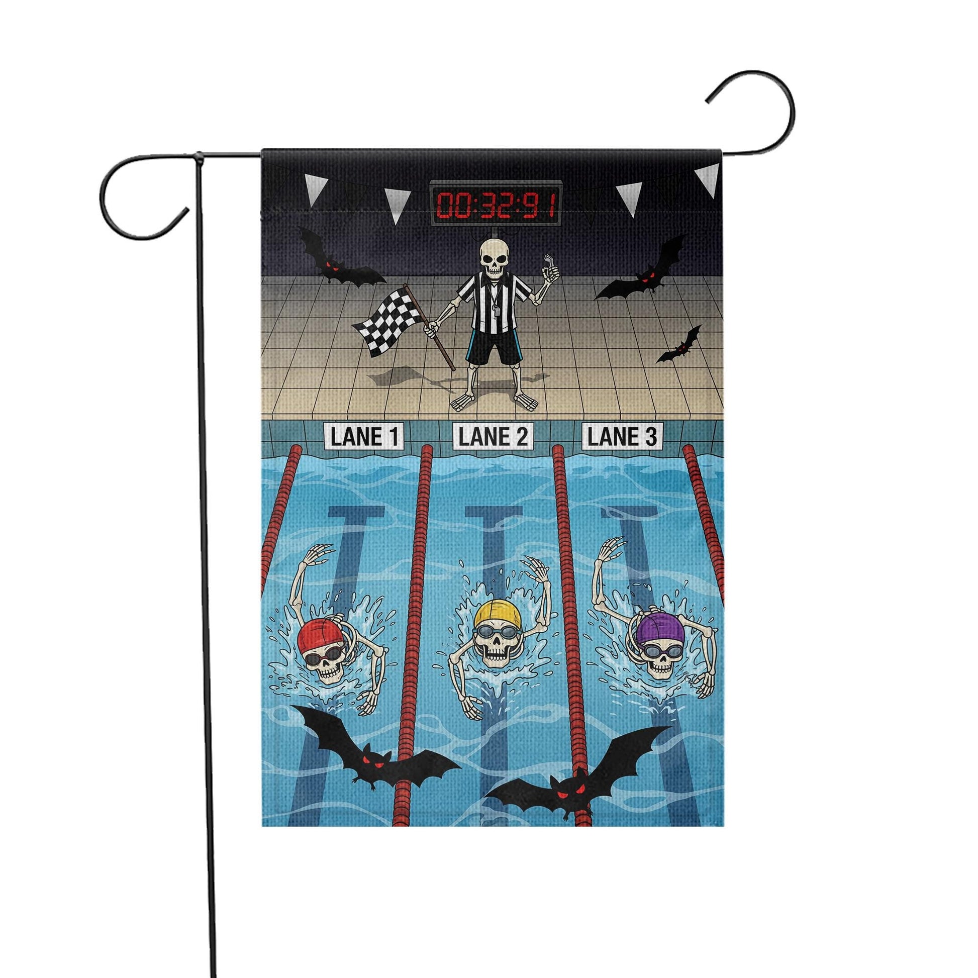 Skeleton Swim Halloween Garden Flag – Funny Swimming Skeleton Yard Decor – Spooky Pool Sports Banner