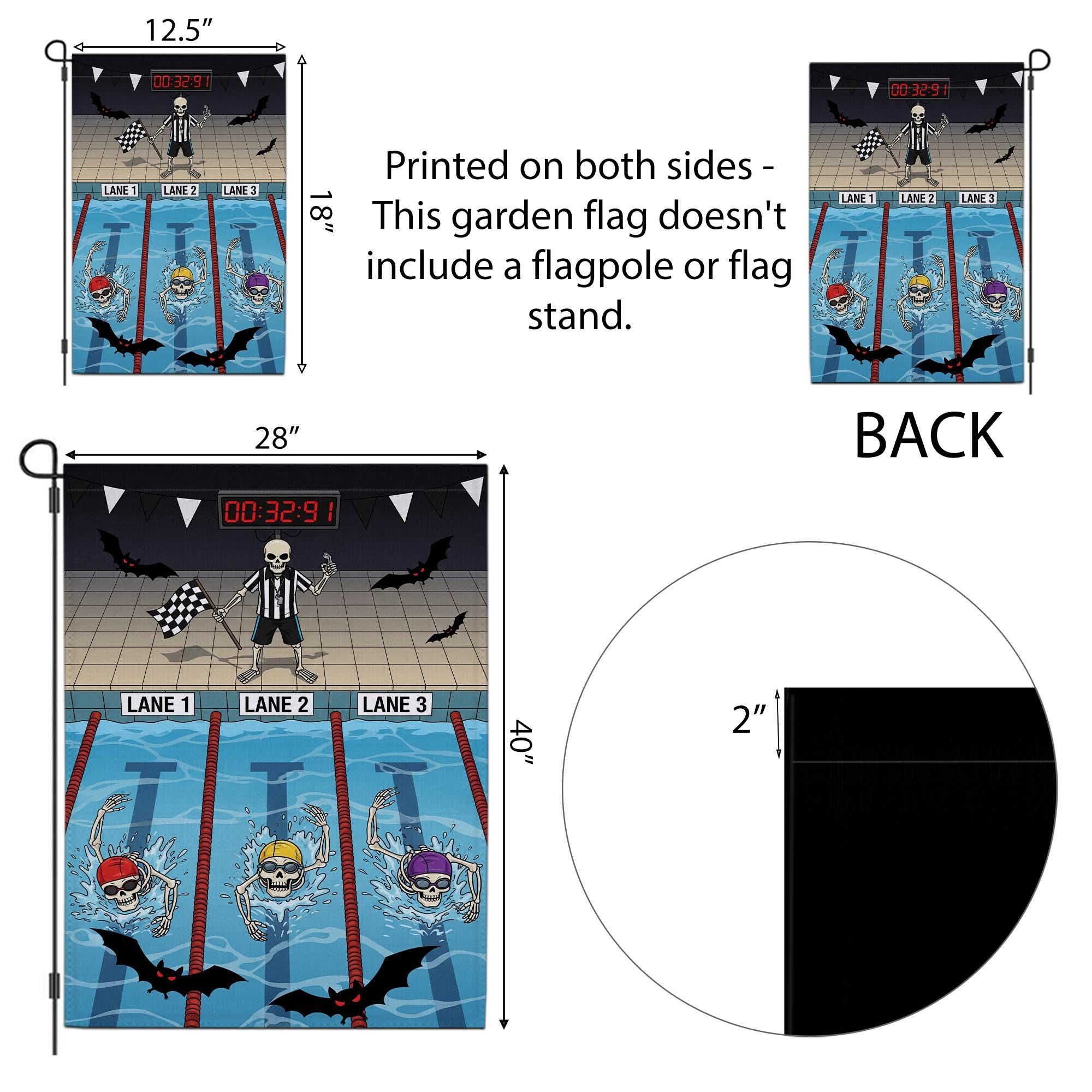 Skeleton Swim Halloween Garden Flag – Funny Swimming Skeleton Yard Decor – Spooky Pool Sports Banner