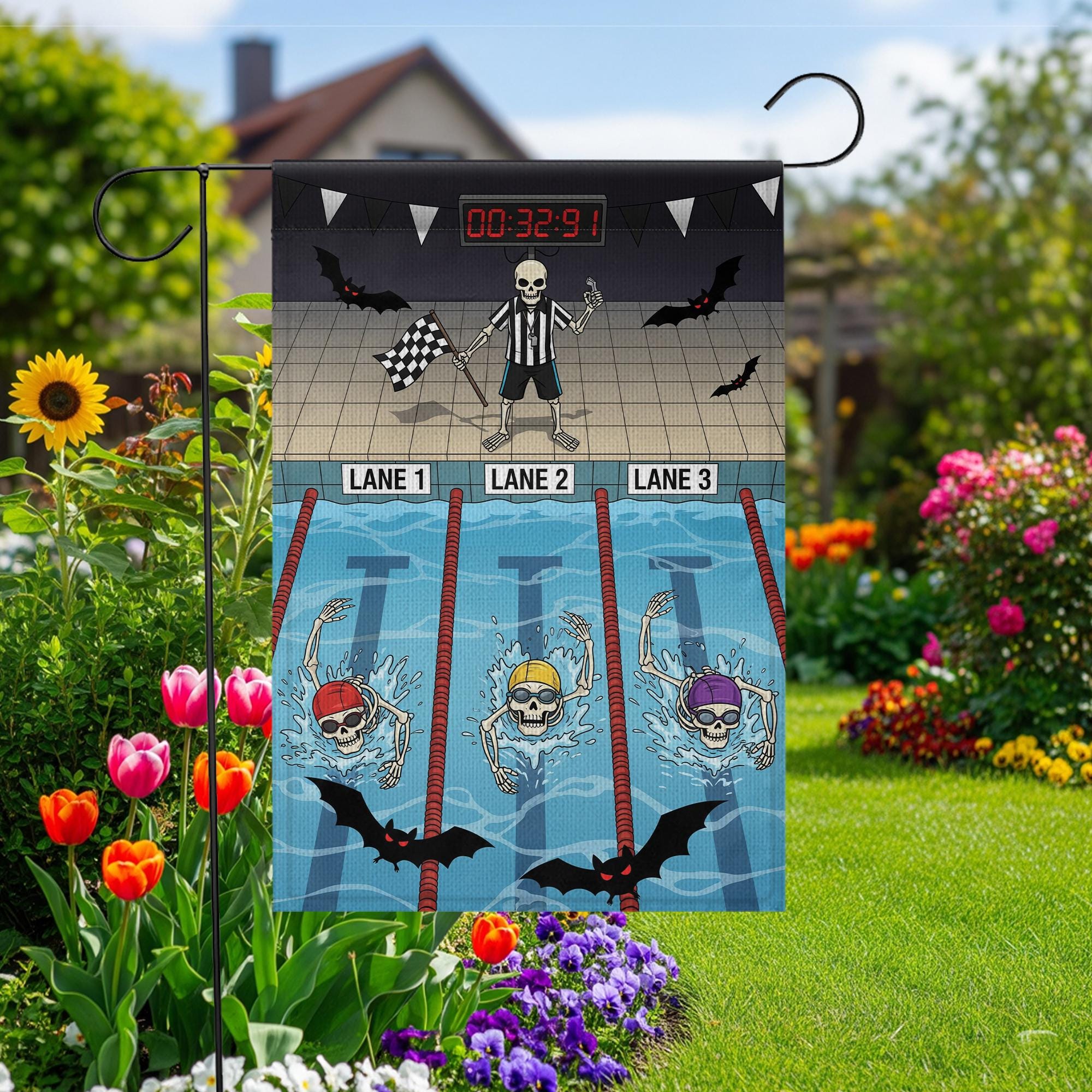 Skeleton Swim Halloween Garden Flag – Funny Swimming Skeleton Yard Decor – Spooky Pool Sports Banner