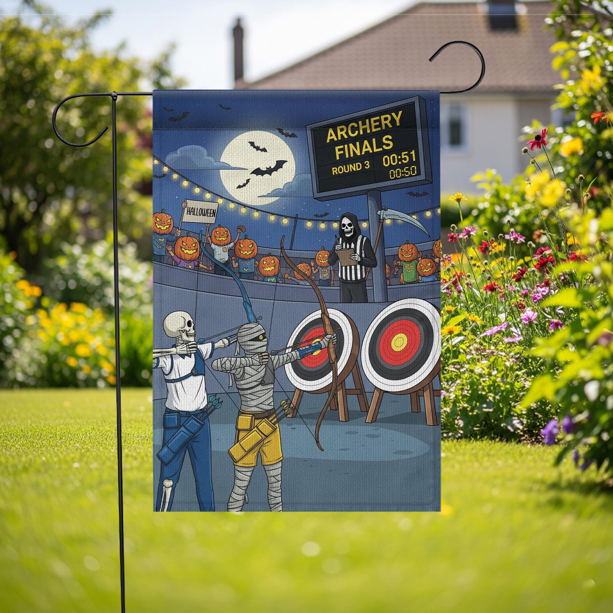 Halloween Archery Garden Flag – Funny Skeleton Mummy Sports Yard Decor – Spooky Target Practice Banner