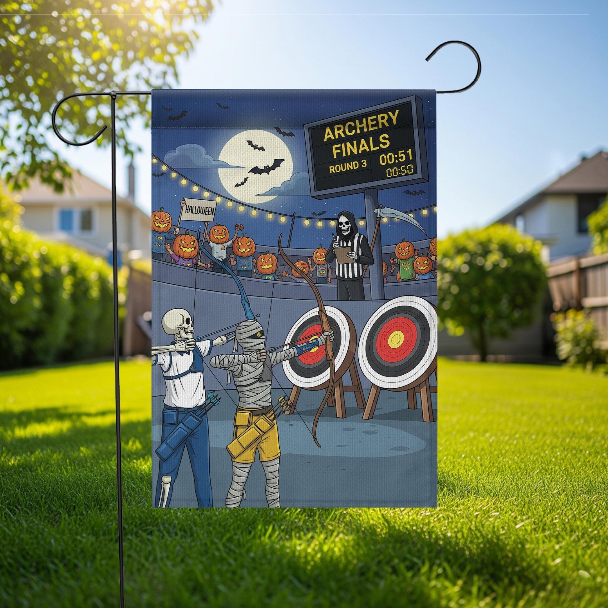 Halloween Archery Garden Flag – Funny Skeleton Mummy Sports Yard Decor – Spooky Target Practice Banner