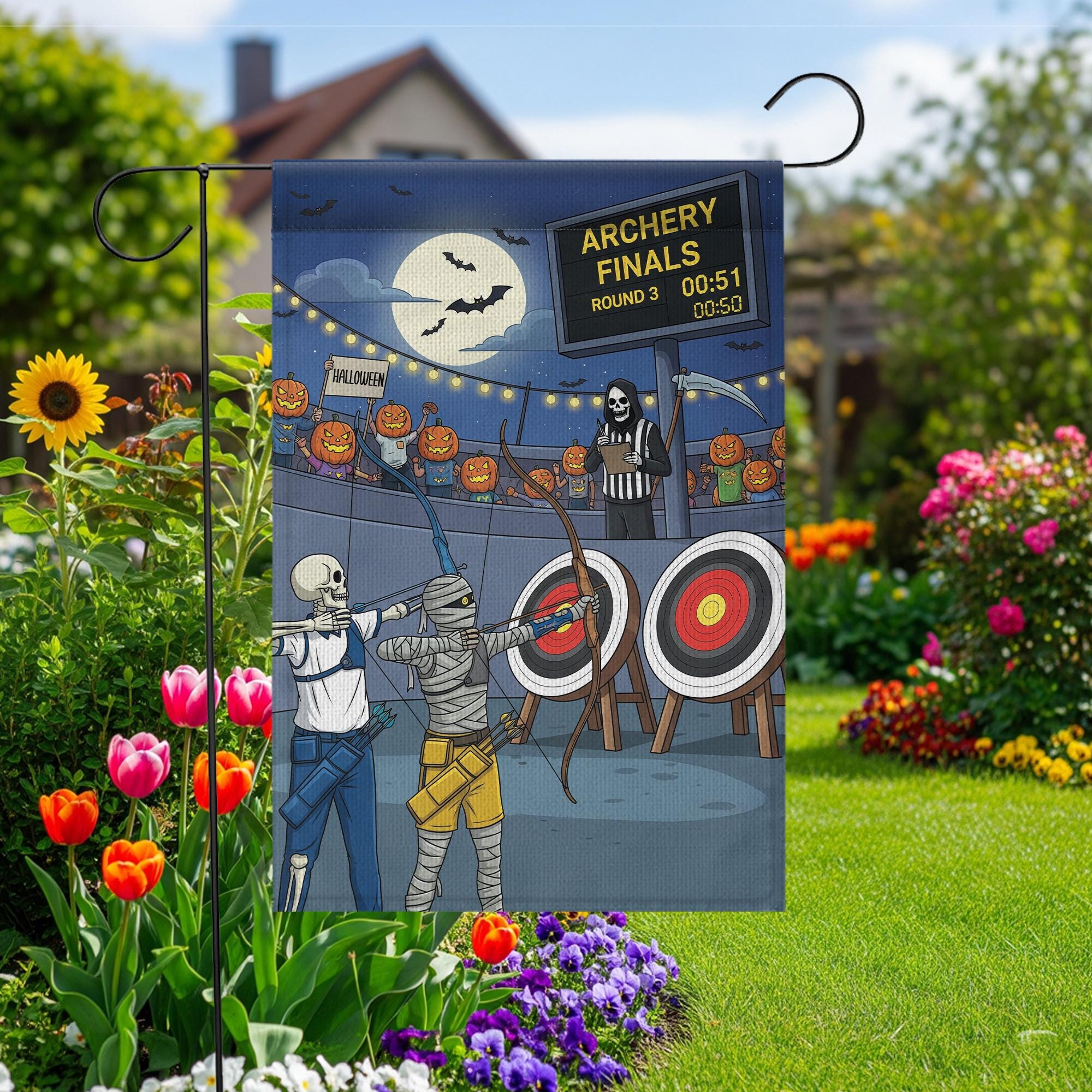 Halloween Archery Garden Flag – Funny Skeleton Mummy Sports Yard Decor – Spooky Target Practice Banner