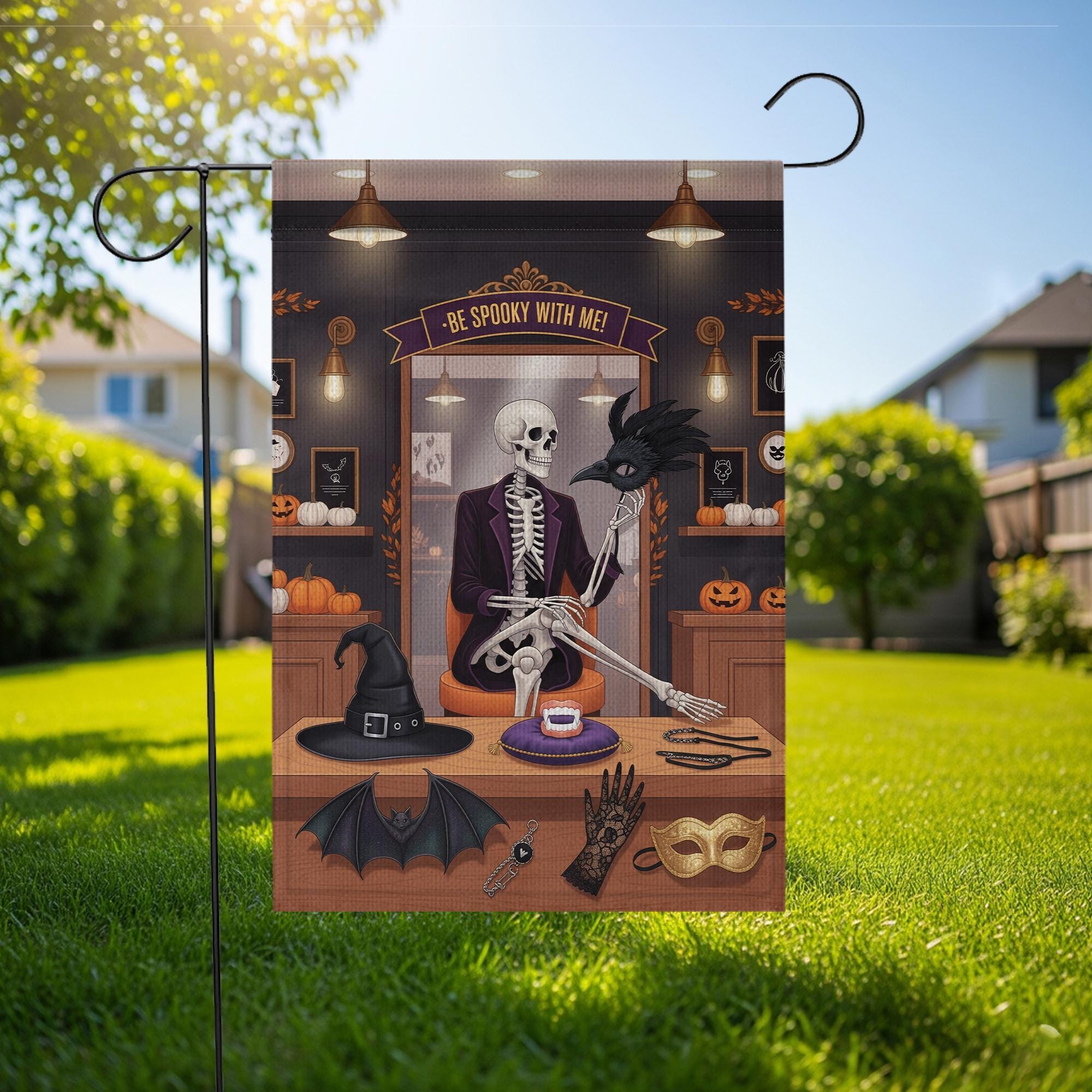 Be Spooky With Me Garden Flag – Funny Skeleton Halloween Yard Decor – Witch Hat Bat Mask Gothic Banner