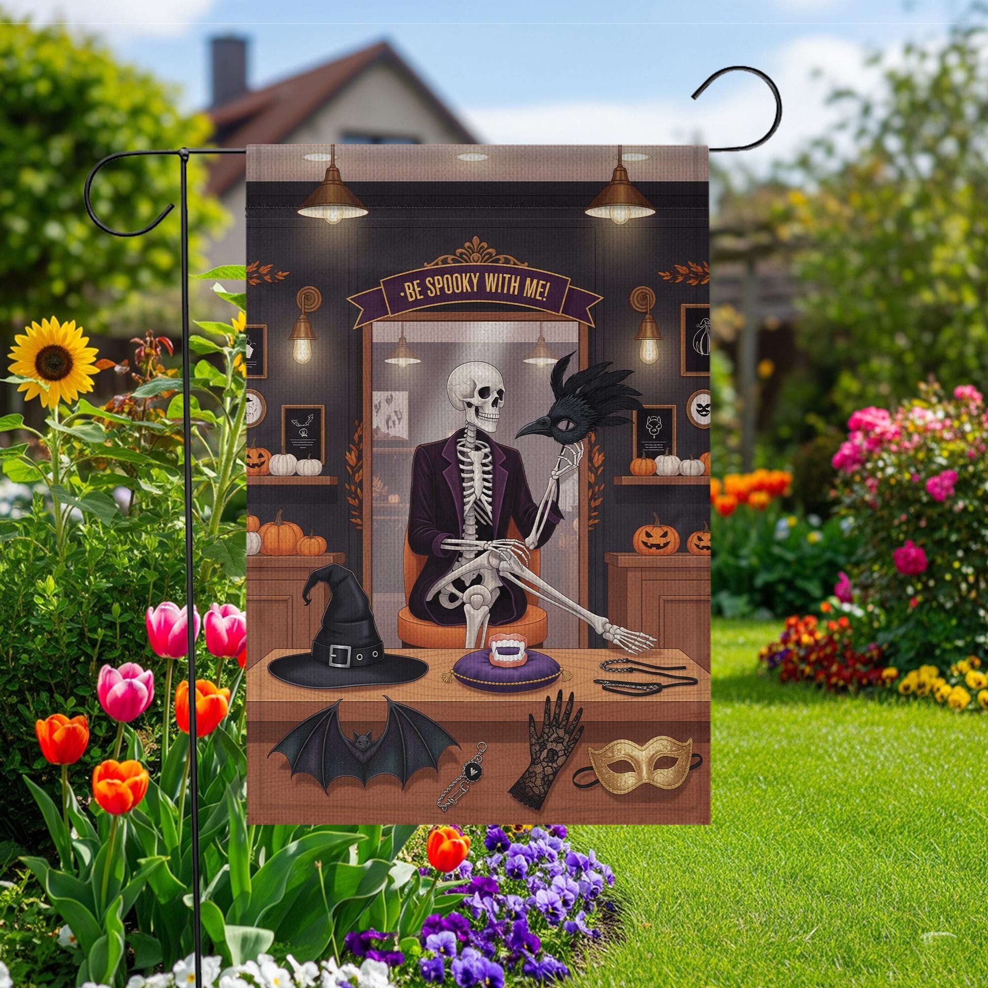 Be Spooky With Me Garden Flag – Funny Skeleton Halloween Yard Decor – Witch Hat Bat Mask Gothic Banner