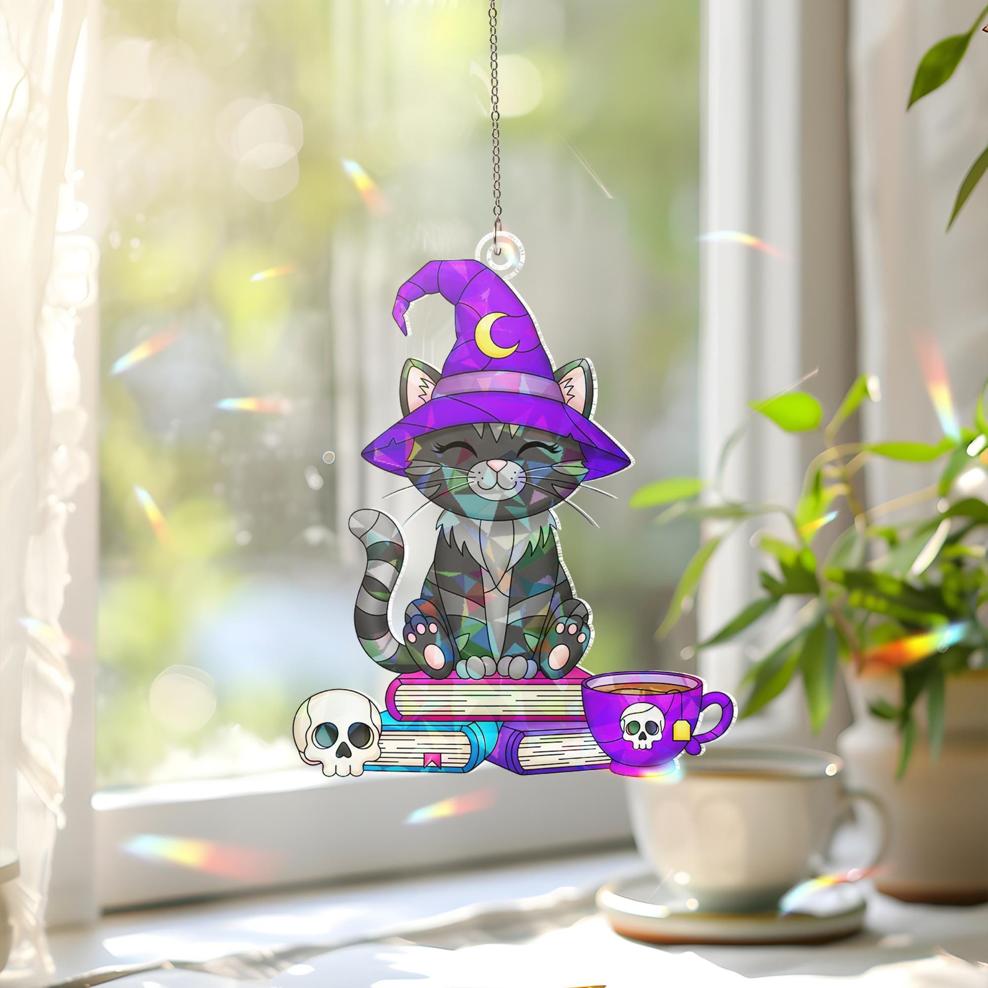 Witch Cat Suncatcher, Spooky Cute Halloween Decor, Acrylic Cat Ornament, Witchy Window Hanging, Gothic Home Decor, Cat Lover Gift