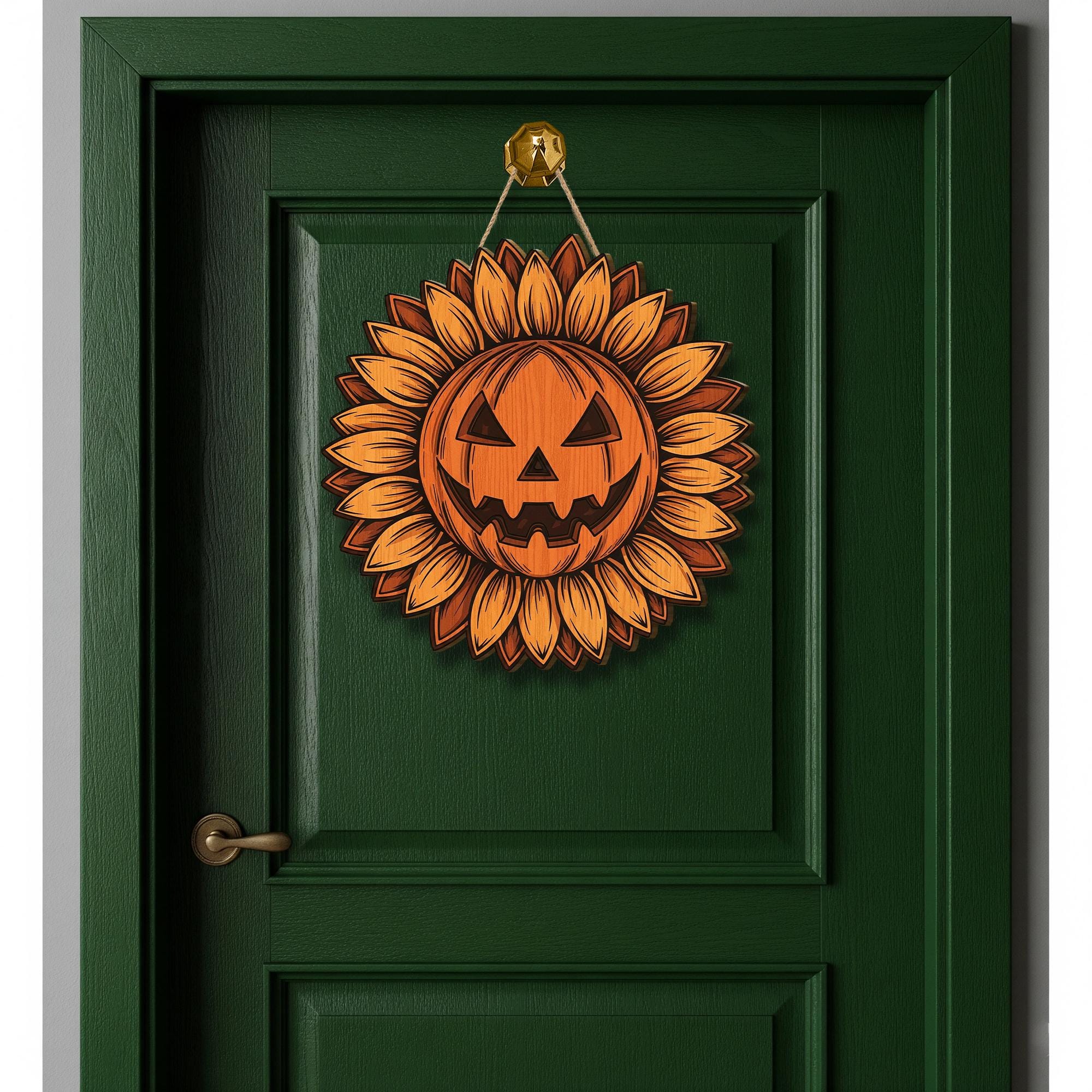 Jack O' Lantern Sunflower Wreath, Halloween Door Hanger, Rustic Pumpkin Sign for Front Door, Farmhouse Fall Decor, Autumn Porch Sign