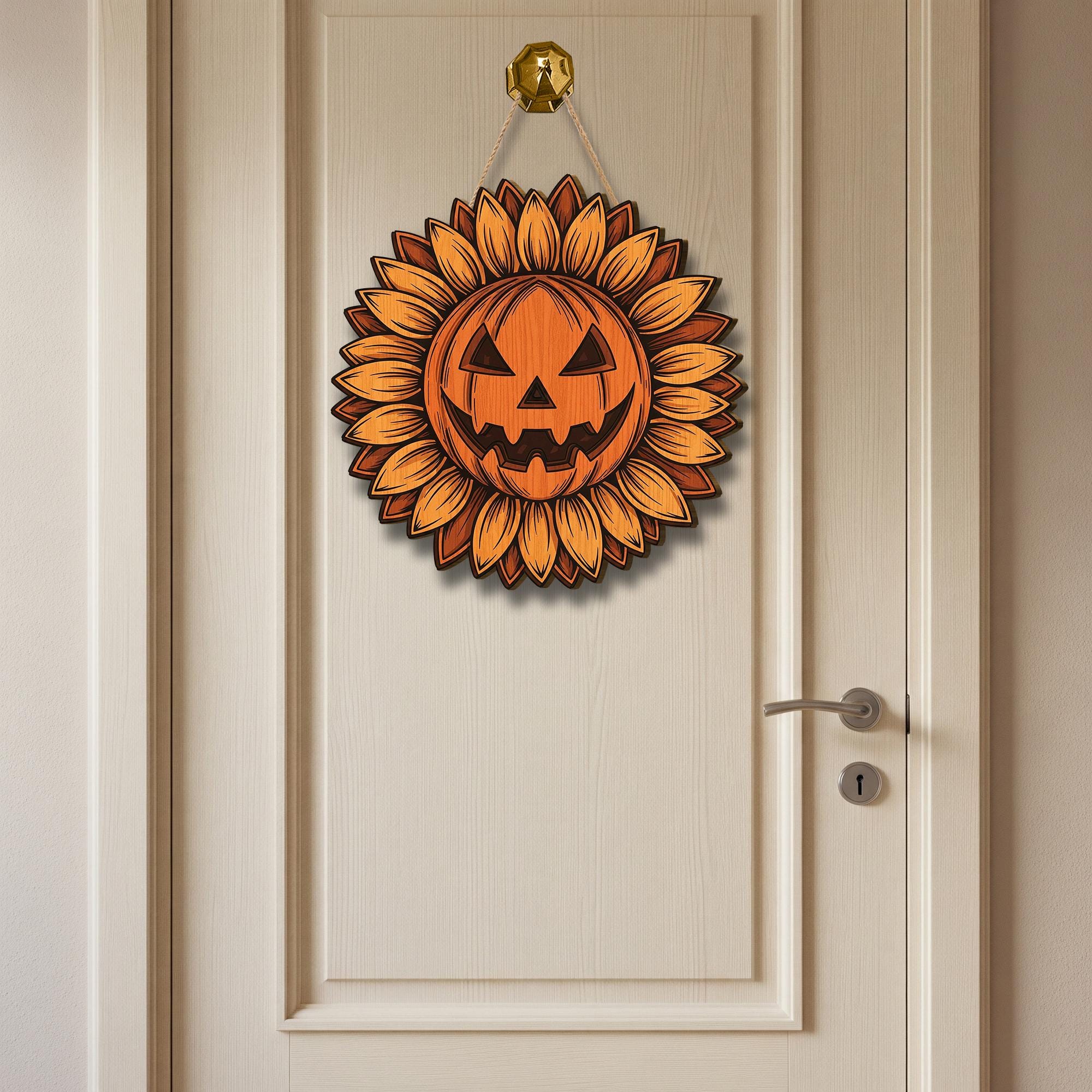 Jack O' Lantern Sunflower Wreath, Halloween Door Hanger, Rustic Pumpkin Sign for Front Door, Farmhouse Fall Decor, Autumn Porch Sign