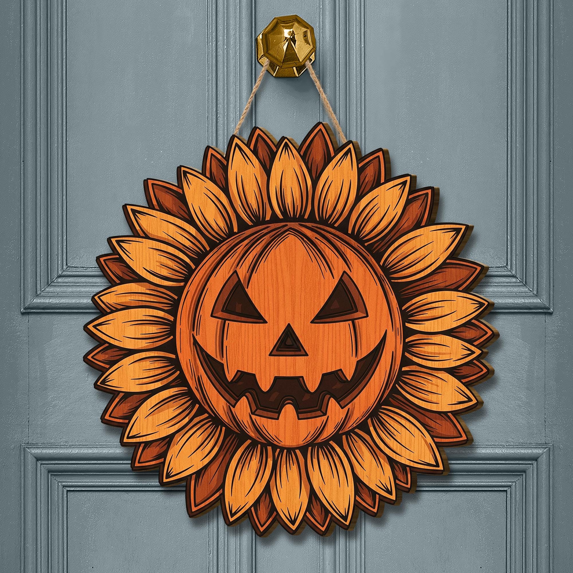 Jack O' Lantern Sunflower Wreath, Halloween Door Hanger, Rustic Pumpkin Sign for Front Door, Farmhouse Fall Decor, Autumn Porch Sign