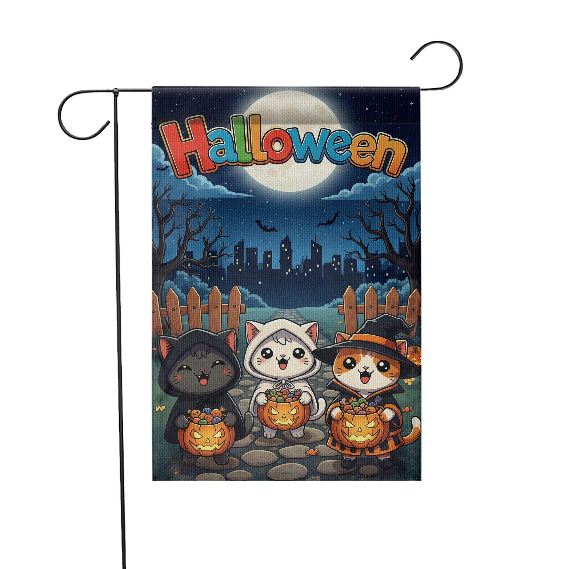 Cute Cat Halloween Garden Flag, Spooky Outdoor Yard Decor, Black Cat Ghost & Witch Flag, Kawaii Fall Porch Sign, Cat Lover Gift