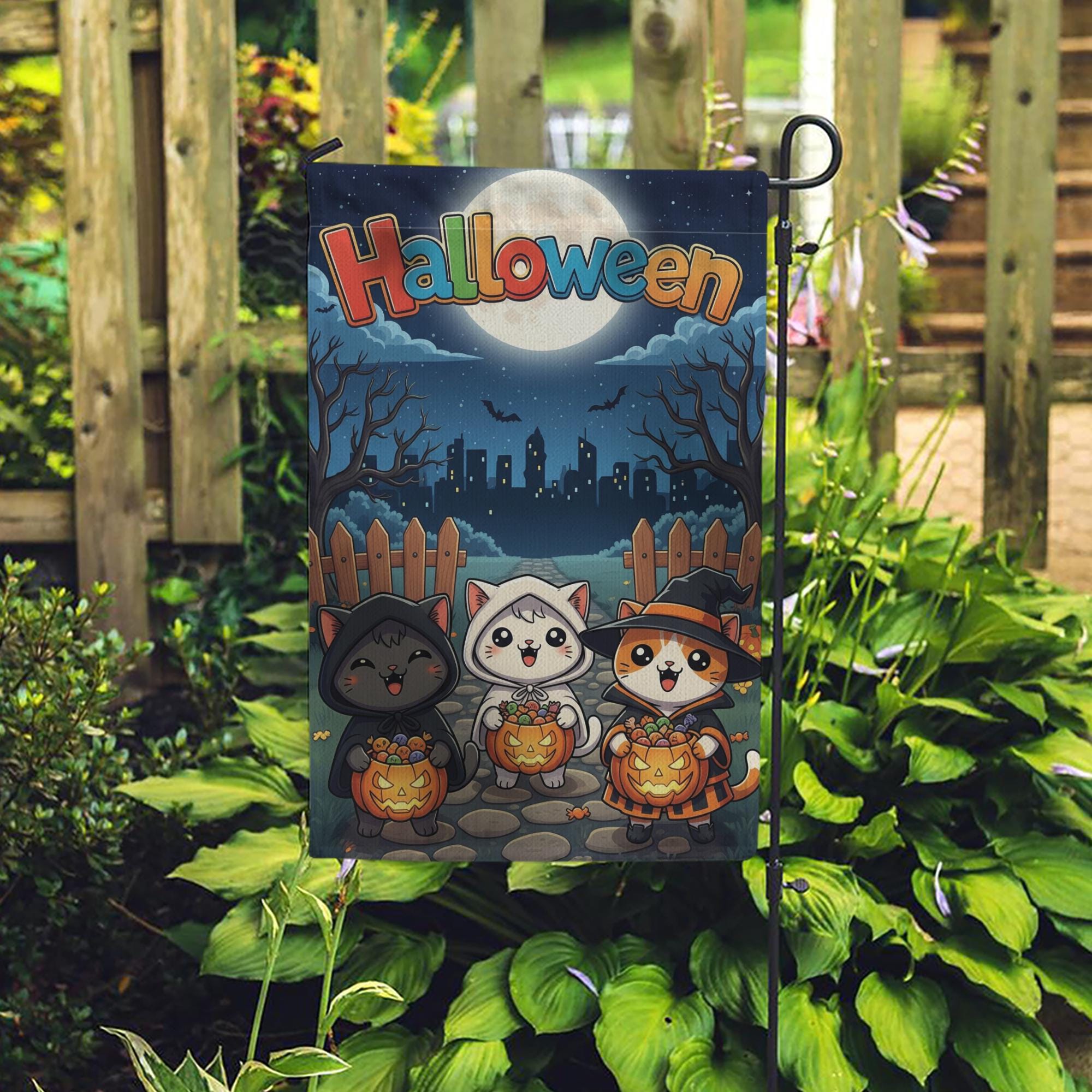 Cute Cat Halloween Garden Flag, Spooky Outdoor Yard Decor, Black Cat Ghost & Witch Flag, Kawaii Fall Porch Sign, Cat Lover Gift
