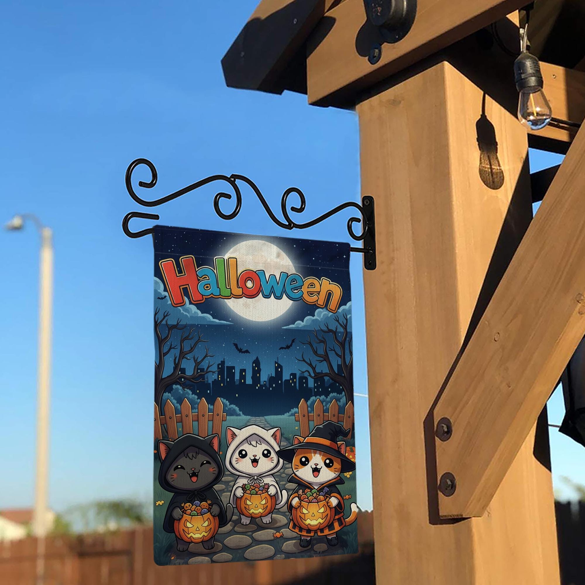Cute Cat Halloween Garden Flag, Spooky Outdoor Yard Decor, Black Cat Ghost & Witch Flag, Kawaii Fall Porch Sign, Cat Lover Gift