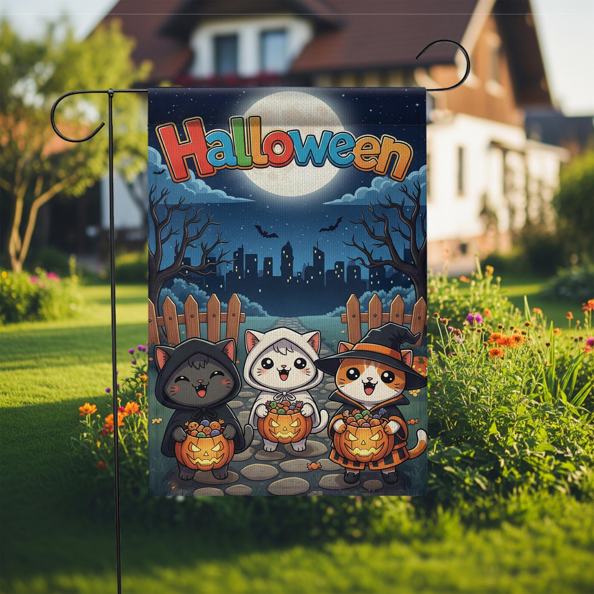 Cute Cat Halloween Garden Flag, Spooky Outdoor Yard Decor, Black Cat Ghost & Witch Flag, Kawaii Fall Porch Sign, Cat Lover Gift