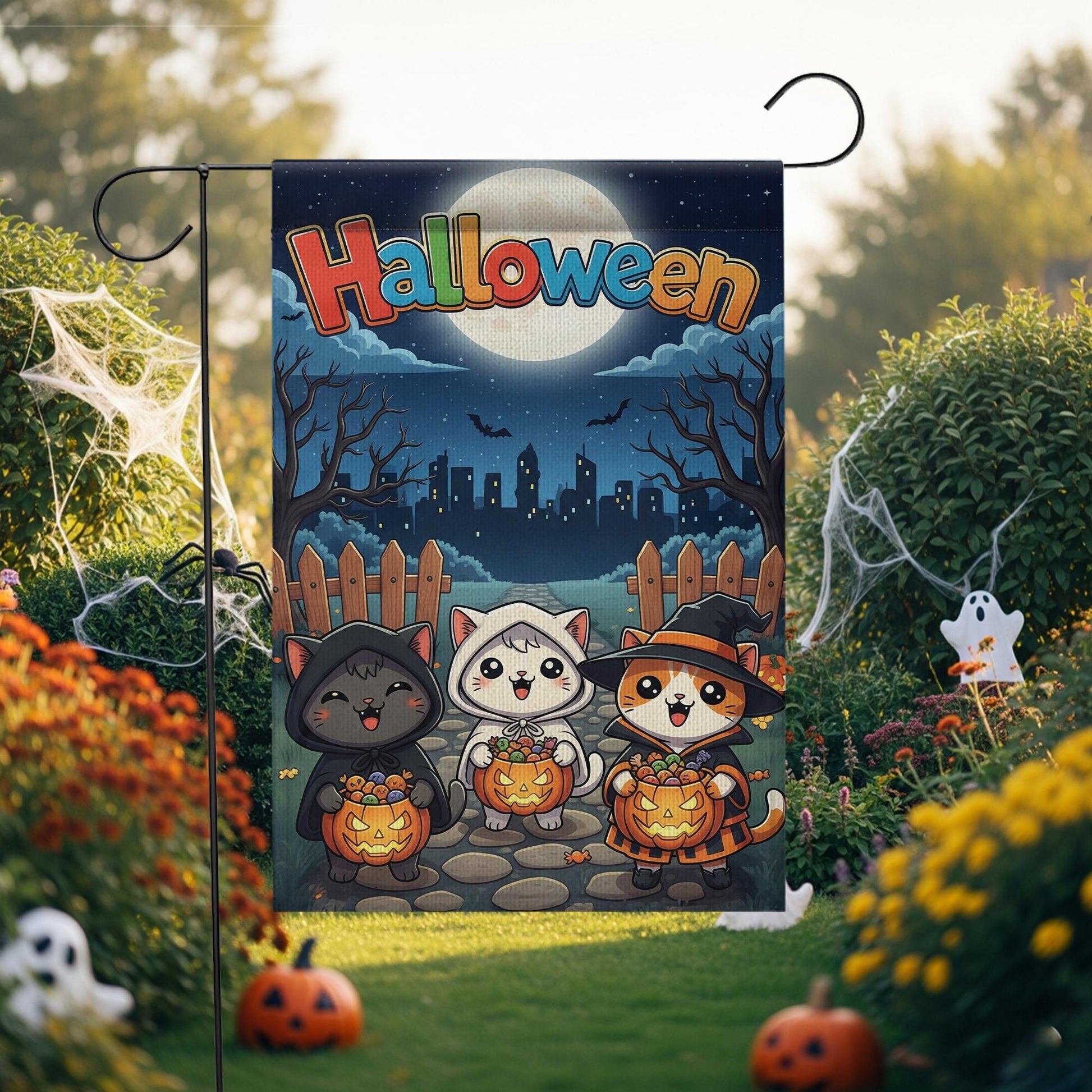 Cute Cat Halloween Garden Flag, Spooky Outdoor Yard Decor, Black Cat Ghost & Witch Flag, Kawaii Fall Porch Sign, Cat Lover Gift