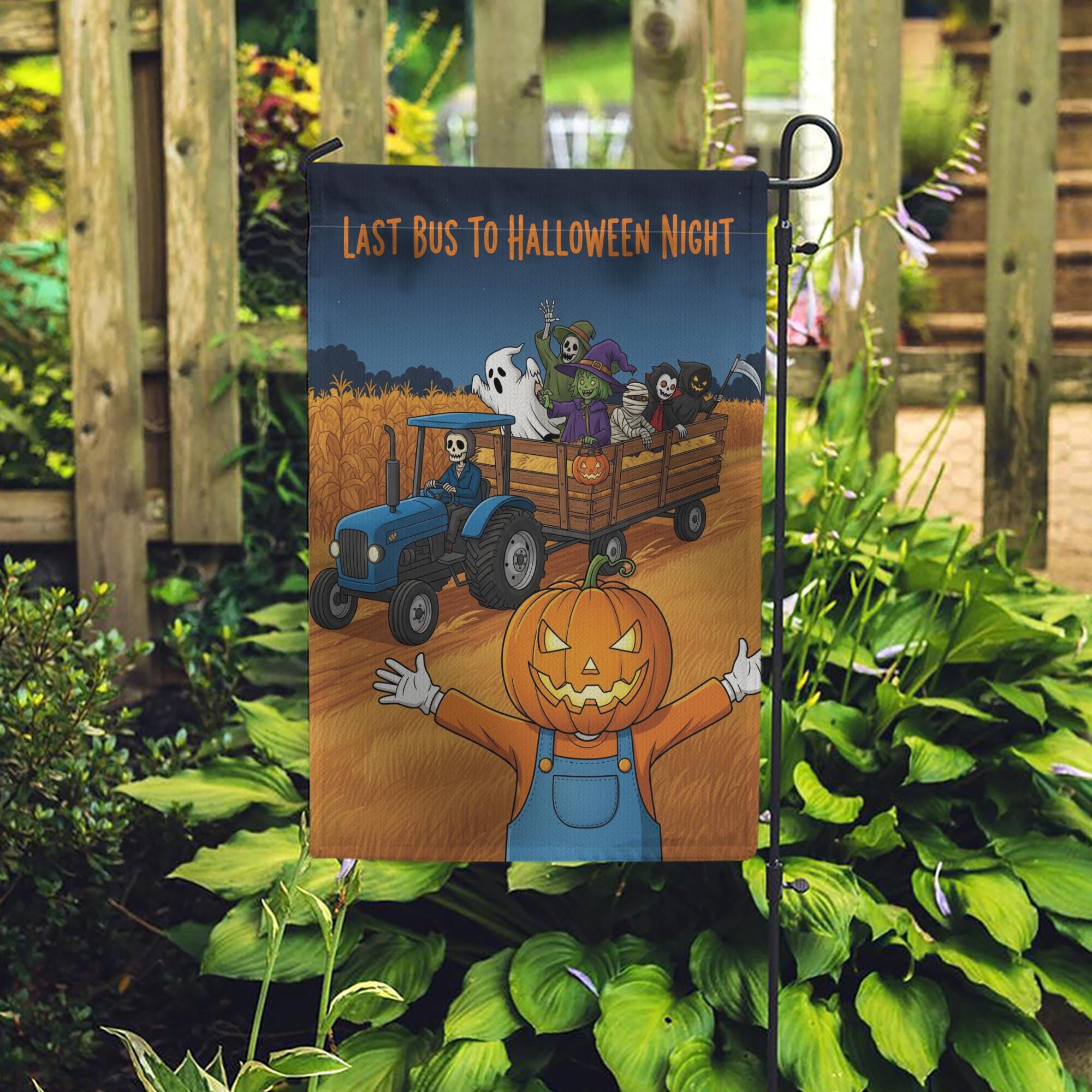 Halloween Garden Flag, Pumpkin Scarecrow & Skeleton Tractor, Spooky Hayride Yard Decor, Farmhouse Fall Porch Sign, Outdoor Halloween Decor