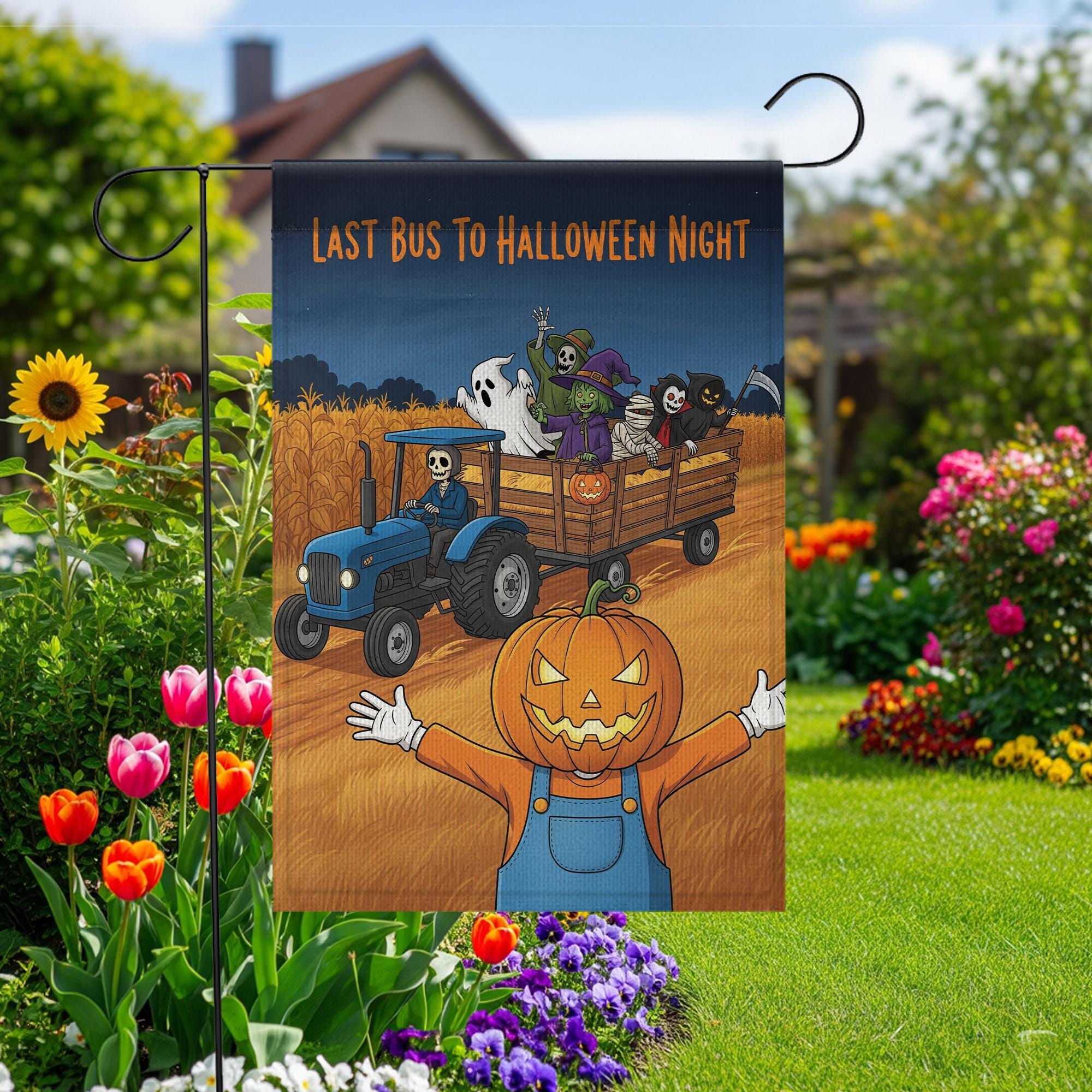 Halloween Garden Flag, Pumpkin Scarecrow & Skeleton Tractor, Spooky Hayride Yard Decor, Farmhouse Fall Porch Sign, Outdoor Halloween Decor