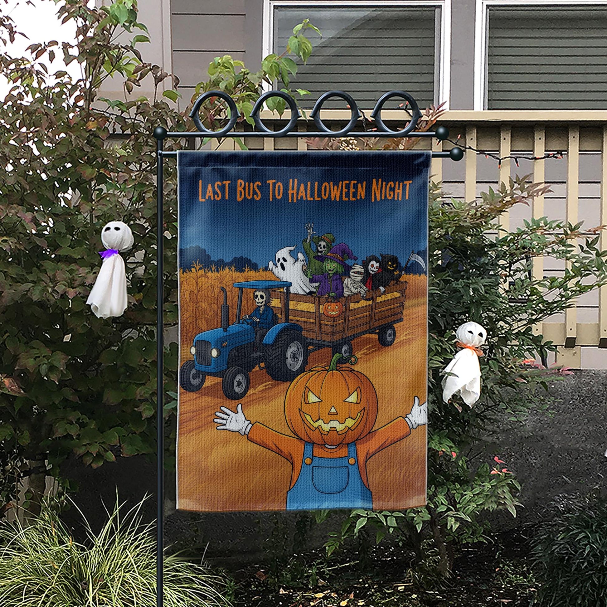 Halloween Garden Flag, Pumpkin Scarecrow & Skeleton Tractor, Spooky Hayride Yard Decor, Farmhouse Fall Porch Sign, Outdoor Halloween Decor