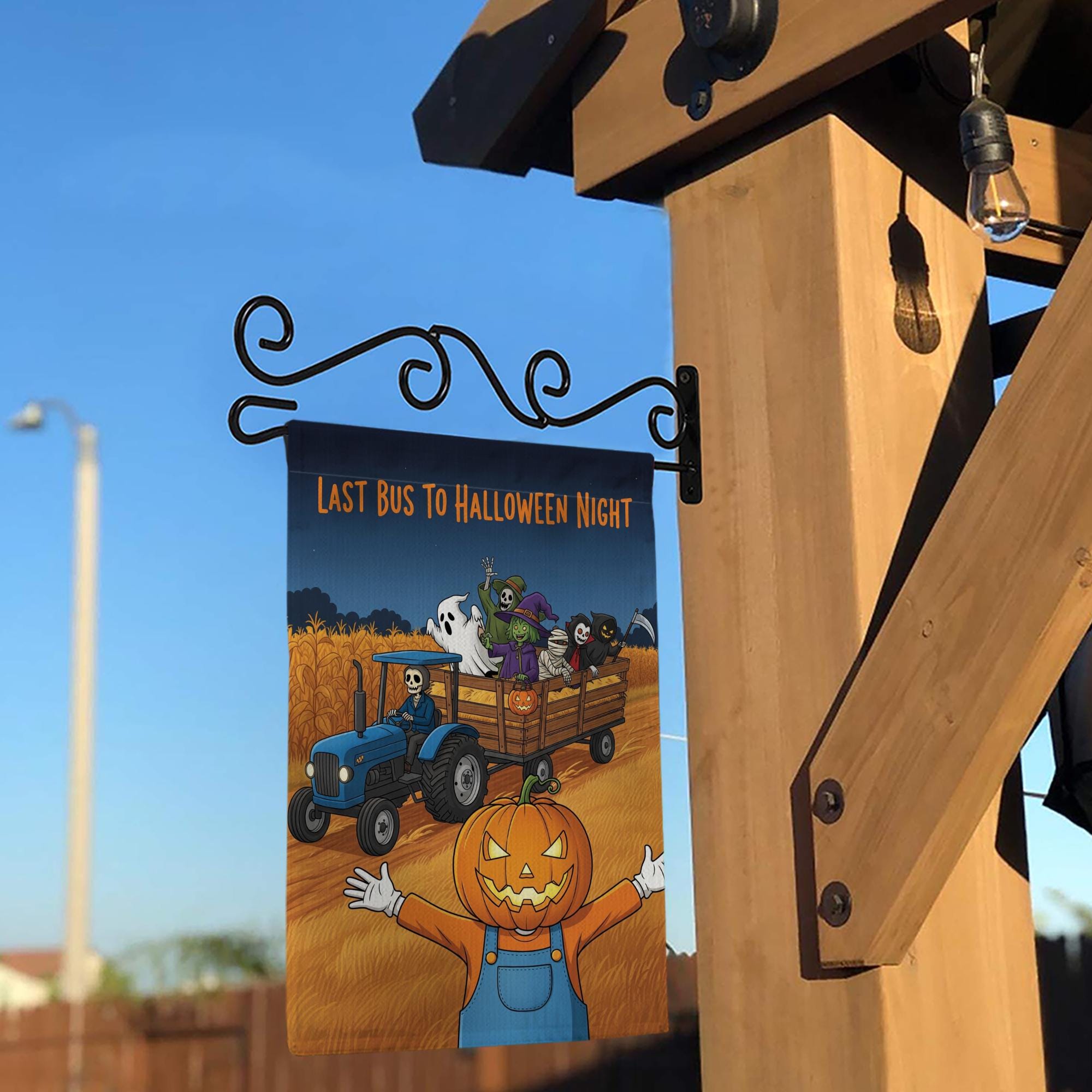 Halloween Garden Flag, Pumpkin Scarecrow & Skeleton Tractor, Spooky Hayride Yard Decor, Farmhouse Fall Porch Sign, Outdoor Halloween Decor