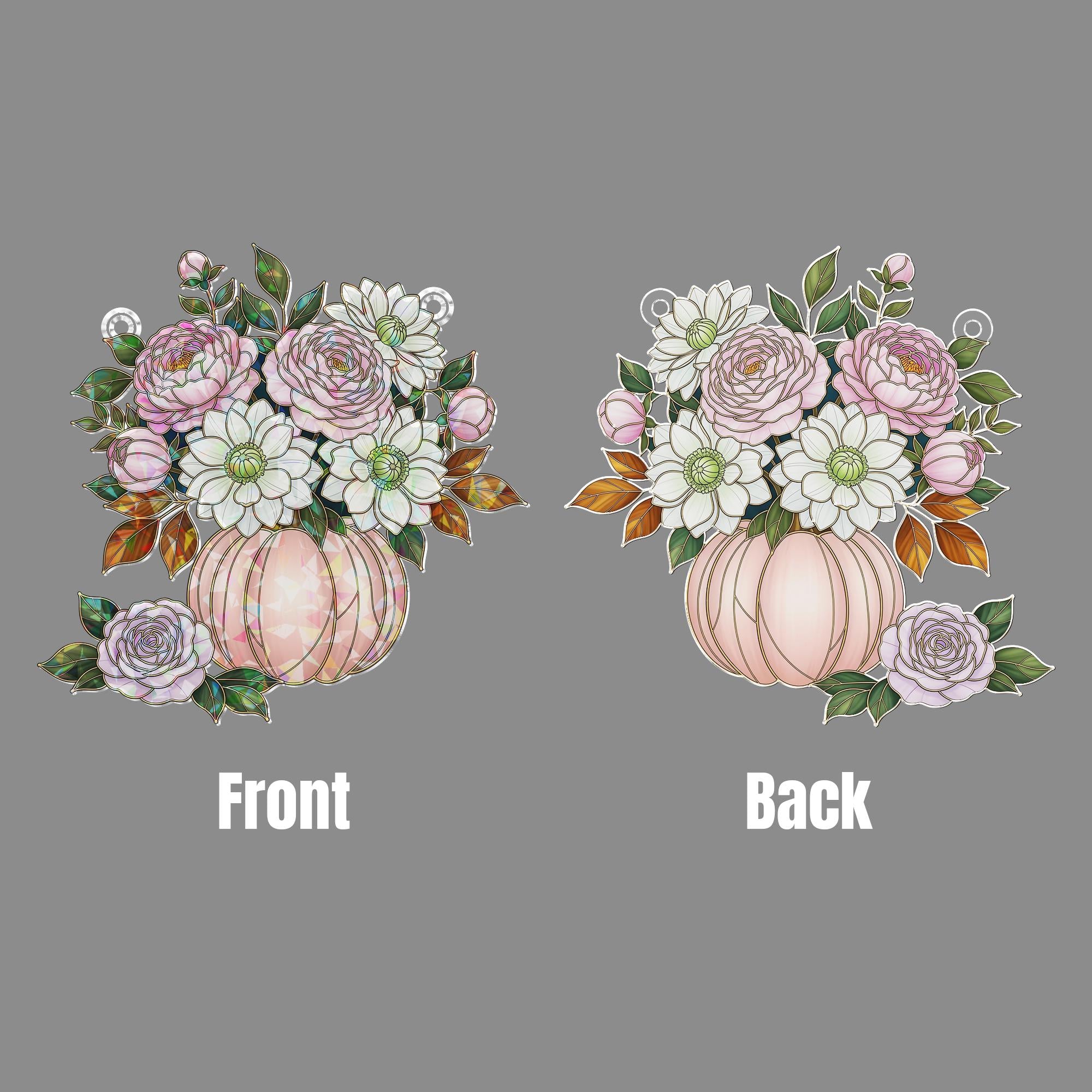 Floral Pumpkin Holographic Window Hanging – Elegant Fall Sun Catcher, Autumn Rose & Dahlia Pumpkin Prism Window Decor