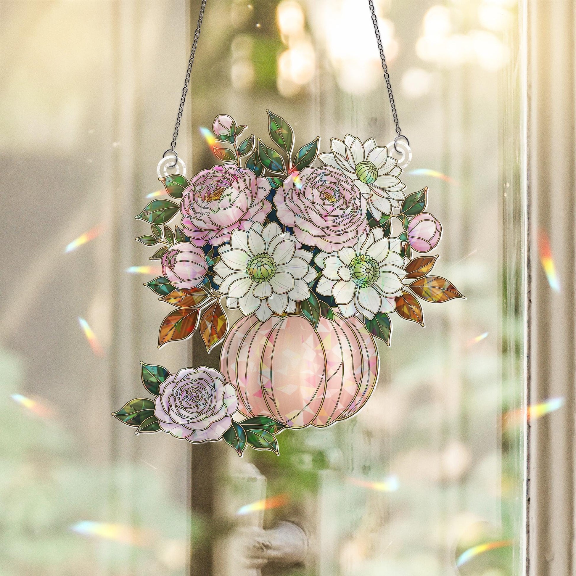 Floral Pumpkin Holographic Window Hanging – Elegant Fall Sun Catcher, Autumn Rose & Dahlia Pumpkin Prism Window Decor